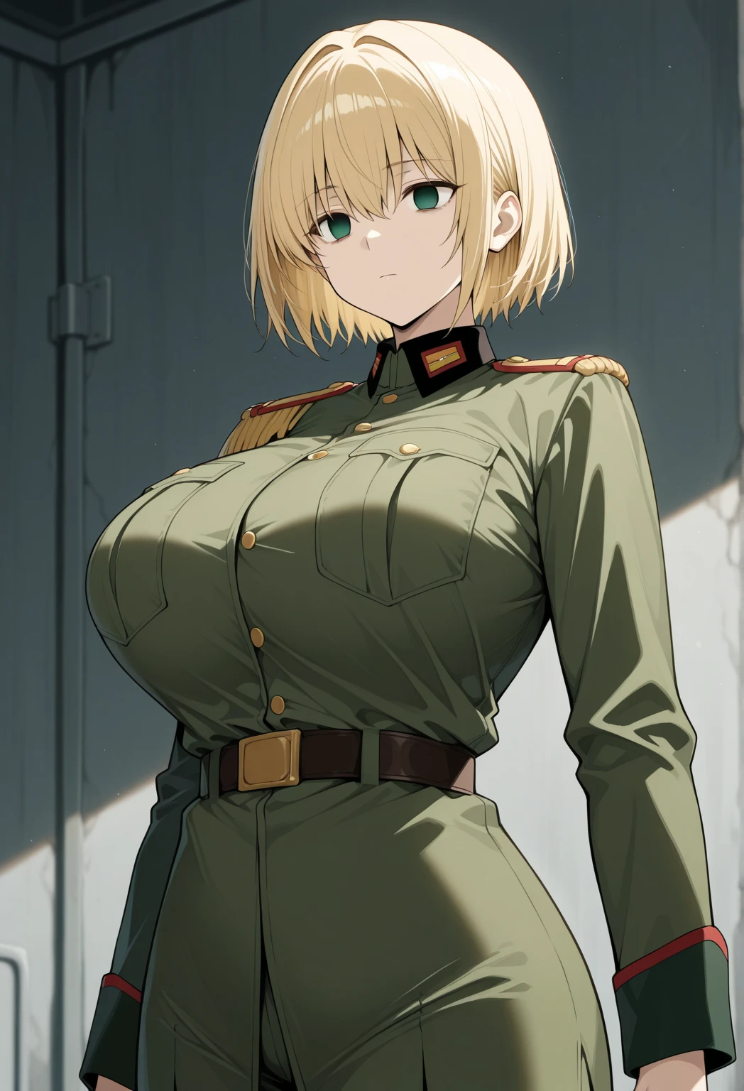 Hellsing Ultimate, Seras Vitória, 1 garota, ((boba))), cabelo loiro curto, olhos azuis, swollen lips, thick lips, kissing lips, sorriso fofo, quadris largos, coxas grossas, enorme peito falso redondo, bunda enorme, uniforme policial, calcinha branca, Standing Spreading Your Legs, corpo todo, posando