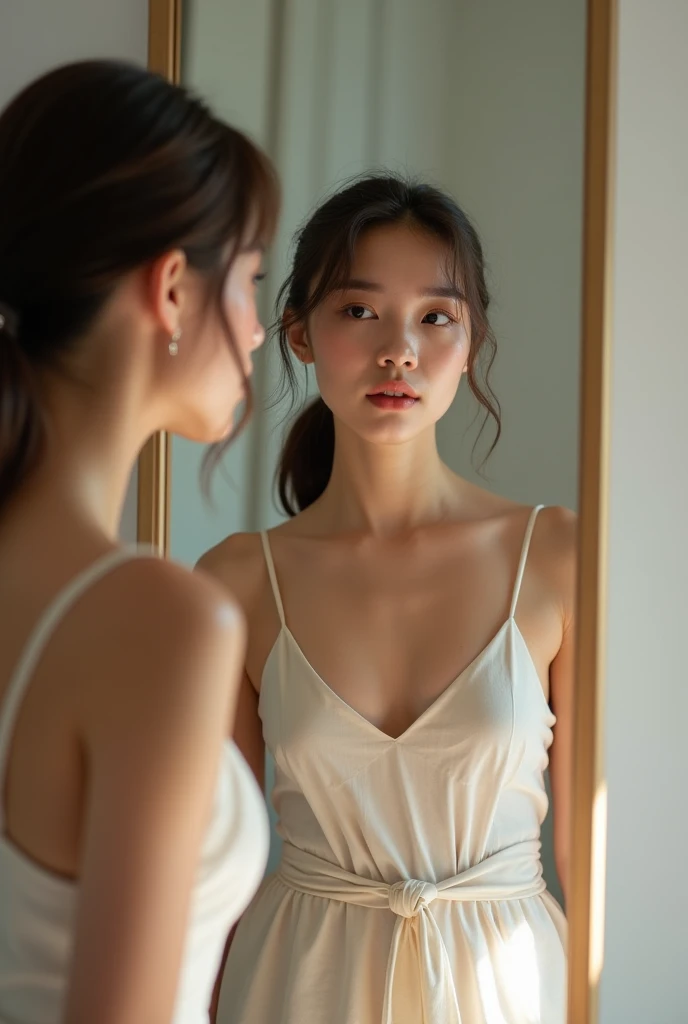 sensual woman, Asian, looking in the mirror and without clothes