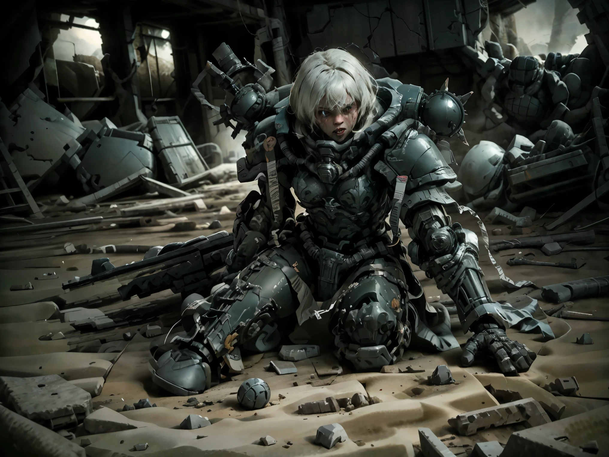 cinematic lighting, realistic textures, post-apocalyptic atmosphere, 4K, high detail, A heavily damaged humanoid war robot, abandoned on the battlefield. Its body is painted in sand colors but is scarred with bullet holes, scratches, and chipped paint, showing signs of intense combat. Smoke rises from the remains of gunfire, and dust swirls around, creating an atmosphere of destruction. The ground is covered in debris, with remnants of a fierce battle between giant robots