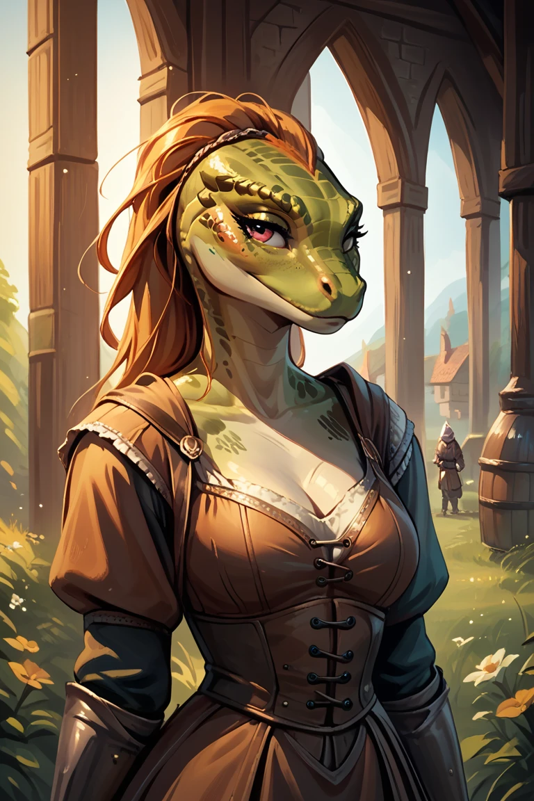 digital painting, female dragonborn summoner, reptilian skin, subsurface scattering deep color:firebrick and crimson scales, Iron-Rich Cliffs<lora:EnvyStarlightDragonborn01:1>