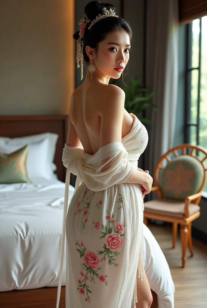Hyper realistic super detailed sexy woman, expressions faciales sexy, seductive facial expressions, [:(Face detail: 1.4): 0.4], 16K resolution, 4k resolution, (Ventre plat parfait), (image couleur), big round ass, bubble ass, from behind, BREAK I. Outfit: Exquisite and alluring, a sleek kimono-inspired dress with a daring thigh-high slit, intricate floral embroidery, and a plunging neckline. Elaborate obi belt adorned with traditional Japanese symbols. Strappy high-heeled sandals with hints of silver and gold. Delicate silver jewelry with samurai motifs. Bottomless, anus

II. Venue: Serene garden with cherry blossoms, a tranquil koi pond, and a pagoda. Soft lanterns casting a warm glow. Bamboo archways covered in silk drapes. Incense burning, filling the air with a subtle fragrance. Mystical mist wafting around, creating an ethereal ambiance.

III. Decoration: Subdued lighting in shades of red and gold. Minimalist yet elegant furniture with a touch of traditional Japanese design. Silk curtains with intricate patterns of dragons and sakura flowers. Mirrors embellished with samurai motifs. Fragrant candles scented with sandalwood and jasmine. BREAK, looking at viewer, masterpiece, best quality, highly detailed, desire, blush, (Beautiful and detailed eyes description), (beautiful and detailed face), Perfect female body, (Best Quality), (ultra-detailliert), (masuter piece), (hight resolution), (Original), (the Extremely Detailed CG Unity 8K Wallpapers)