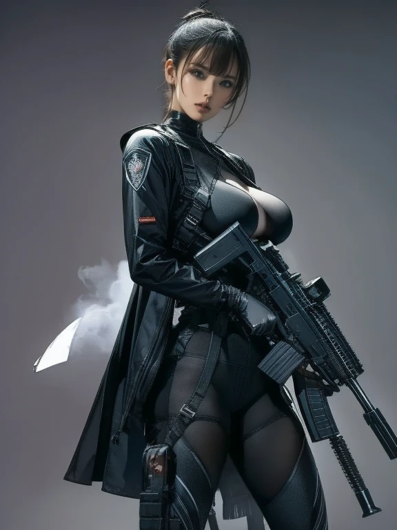 a woman in a black corset and boots holding a gun