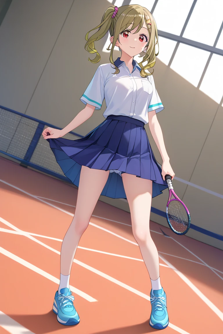 landscape、panty shot、tennis wear、Beautiful Girl Magician、blonde twintails、((whole body))、(((photo taken from below)))、coat