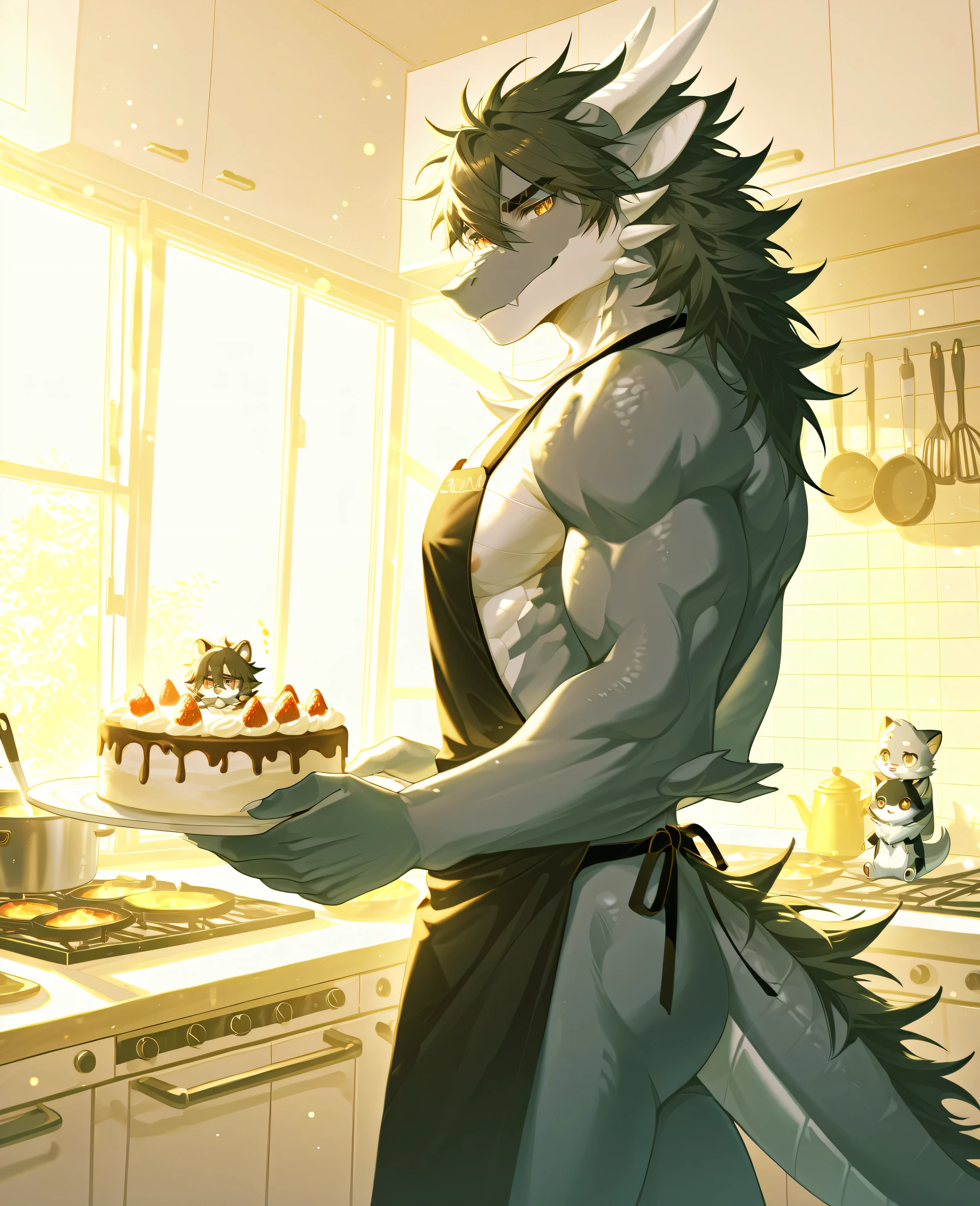 SFW, masterpiece,ultra-high definition,alone,high resolution,best quality,anexistomically correct,furry male,( Western Dragon), clavicle ,(Gray body:1.5,scales,Two-tone car body ,White Horn),black mane,Raise eyebrows,(Delicate Eyes, amber eyes ,detail vivid pupils,beautiful eyes),nose,animal ears, sword front nose ,어처구니없는,Beautiful shape, handsome,Dragon Tail,cowboy_shooting,(slender muscles:0.8),(Apron only,nipple),(5 fingers:1.1),(Calm face,light Smile),standing,cooking,(exists,Carrying freshly baked cake), ray tracing,exists view_exist_Viewer,from_side:1.3,(Soft Light:1.2),bokeh,detailed background,Tyndell effect,Bruce_Hour_illumination,rest,((Lin Dong:0.8),( in blue eyebrow :0.8),huashijw ,(asteroid _Sick:0.8),( Smile \(qd4nsvik\):0.9),(wolf potato powder:0.5),(Spring Goose:0.2), Konya Tang Mo ,CG,high resolution)),SFW,alone,