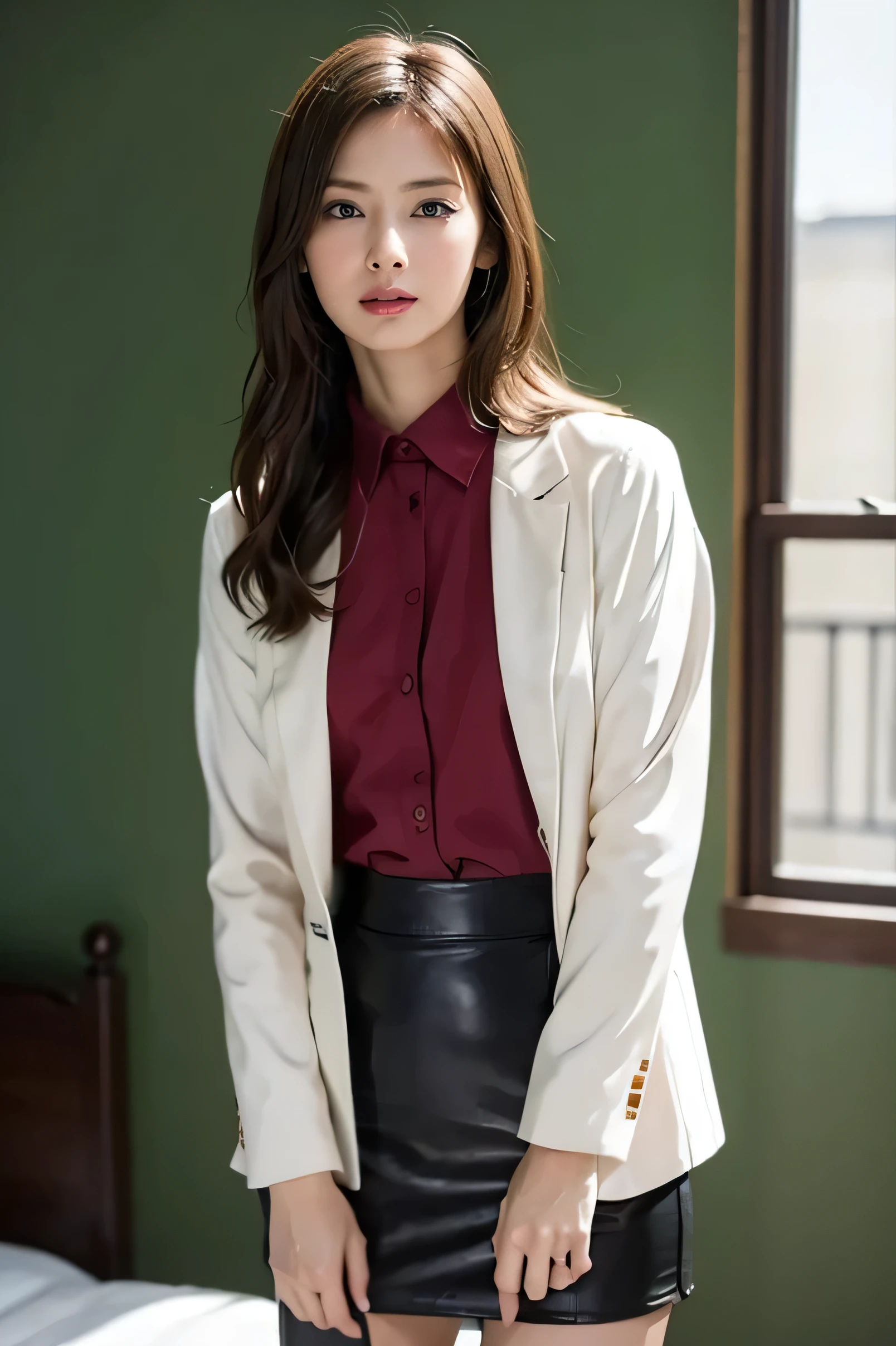 Picture of a beautiful 40 year old woman , ( her face size :0.2)、 portrait of a woman with a very small head standing beside a church bench , 、 best quality 、HD quality、 best quality Masterpiece , Ultra-accurate ,( beautiful girl :1.0) , x} I'm wearing an shirt with an elegant ruffled hem in monotone a flared monotone skirt 。、( her torso length :1.5)、 backlit or semi-backlit pictures 、 Sit shallowly on the bed、 full body photo、 she's skinny 。、 Draw arms hs in the correct position ., high waist、She combs her hair、 high waistスタイルのスカート、、oversized、(The shirt has a long hem:1.4), chignon style hairstyle、Head to ankle photo、black leather jacket、