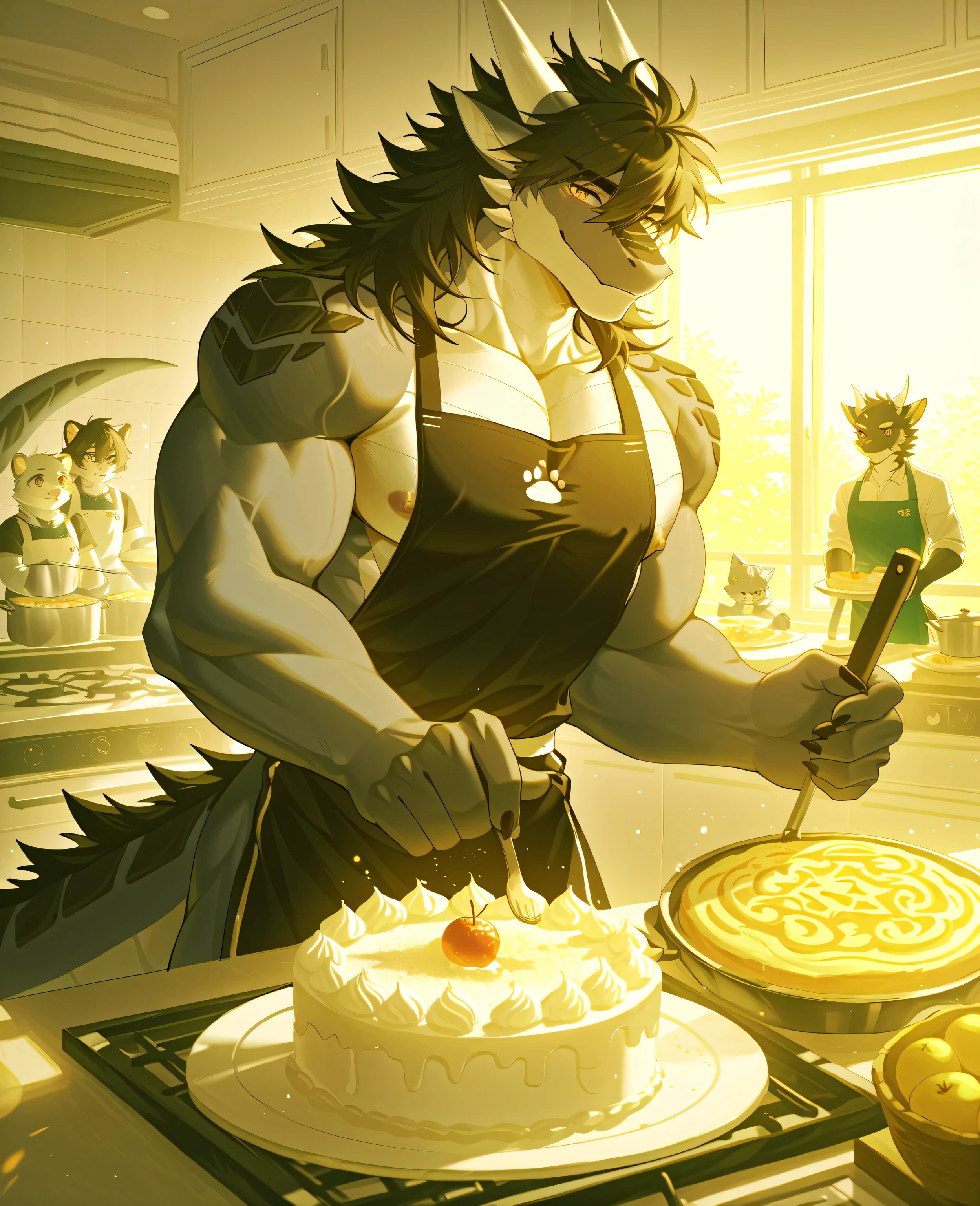SFW, masterpiece,ultra-high definition,alone,high resolution,best quality,anexistomically correct,furry male,( Western Dragon), clavicle ,(Gray body:1.5,scales,Two-tone car body ,White Horn),black mane,Raise eyebrows,(Delicate Eyes, amber eyes ,detail vivid pupils,beautiful eyes),nose,animal ears, sword front nose ,어처구니없는,Beautiful shape, handsome,Dragon Tail,cowboy_shooting,(slender muscles:0.8),(Apron only,nipple),(5 fingers:1.1),(Calm face,light Smile),standing,cooking,(exists,Carrying freshly baked cake), ray tracing,exists view_exist_Viewer,from_side:1.3,(Soft Light:1.2),bokeh,detailed background,Tyndell effect,Bruce_Hour_illumination,rest,((Lin Dong:0.8),( in blue eyebrow :0.8),huashijw ,(asteroid _Sick:0.8),( Smile \(qd4nsvik\):0.9),(wolf potato powder:0.5),(Spring Goose:0.2), Konya Tang Mo ,CG,high resolution)),SFW,alone,