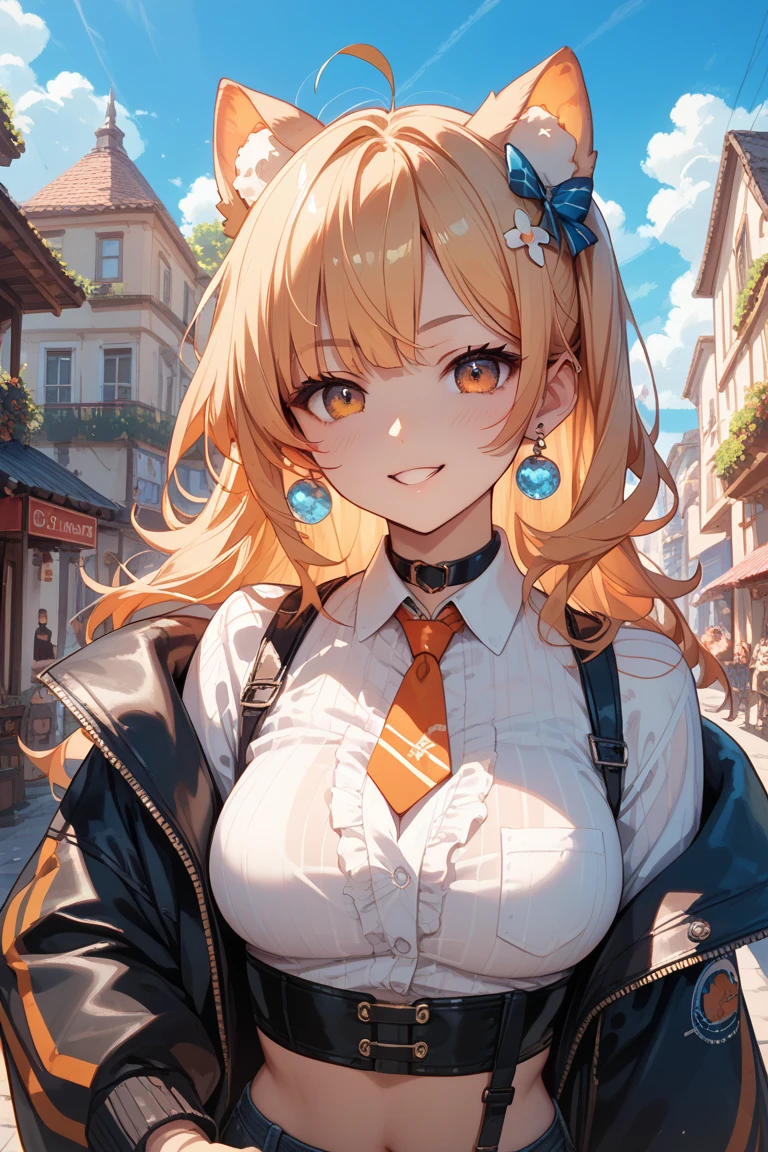 masterpiece,highest quality,(Super detailed),masterpiece,written boundary depth,perfect sentence, Detailed CG,Super detailed,(highly detailed eyes,very cute face,highly detailed face:1.3),beautiful anime girl,(solo girl:1.5),(super huge breasts:1.3),break,(happy smile),open your mouth,View viewer,break,ahoge, braid, hair ribbon, ribbon,blonde,short hair,Ahoge, Braid, bun hair, hair ribbon,green eyes,(steampunk costume,collared shirt,vest,long coat),slacks,steampunk background,Steampunk cityscape,gaslight