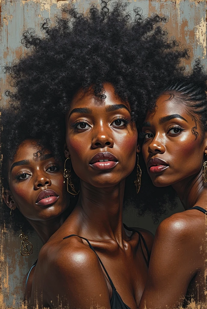 A beautiful naked black girl, sweaty, athletic body, average breasts, and hairy armpits, being carried by two women