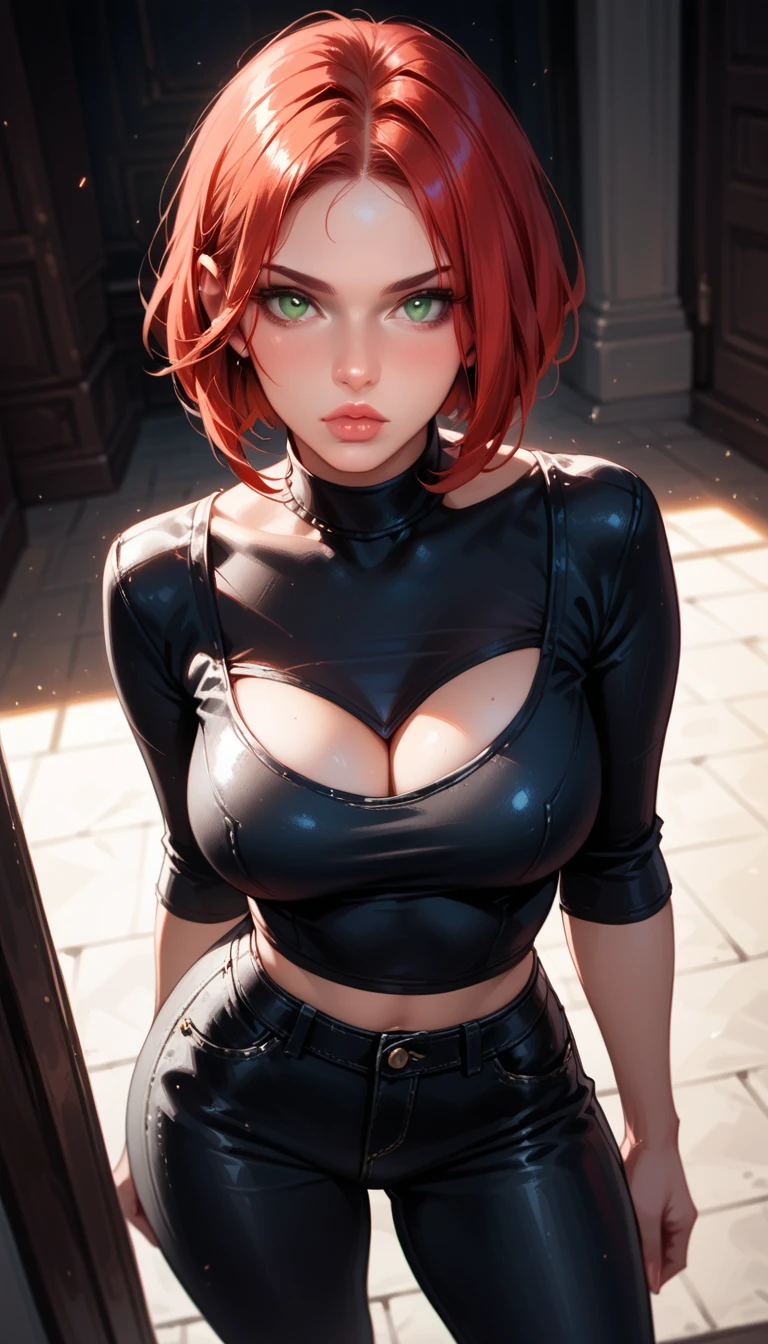 wet body and face, Yawns, fluids on the body and face, rolled her eyes, hands between legs, view from above, Woman lying on bed, intensity,view from above, camera from above,Red hair (ponytail and long bangs) latex jacket, black silk briefs, looks at the camera
