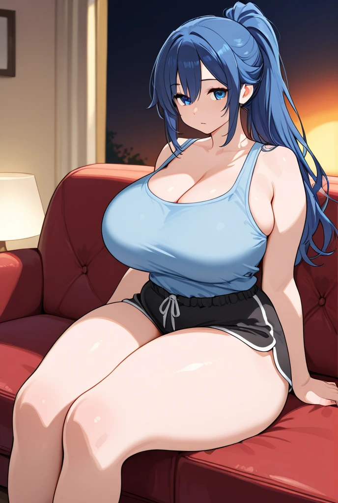 ((best quality)), ((masterpiece)), (detailed), perfect face, blue top, crop top, blue fitted dolphin shorts, huge breasts, huge ass