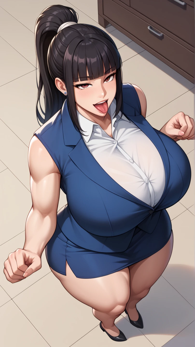 Girl, muscle, with giant breasts, black hair, Red Eyes, black fitted suit