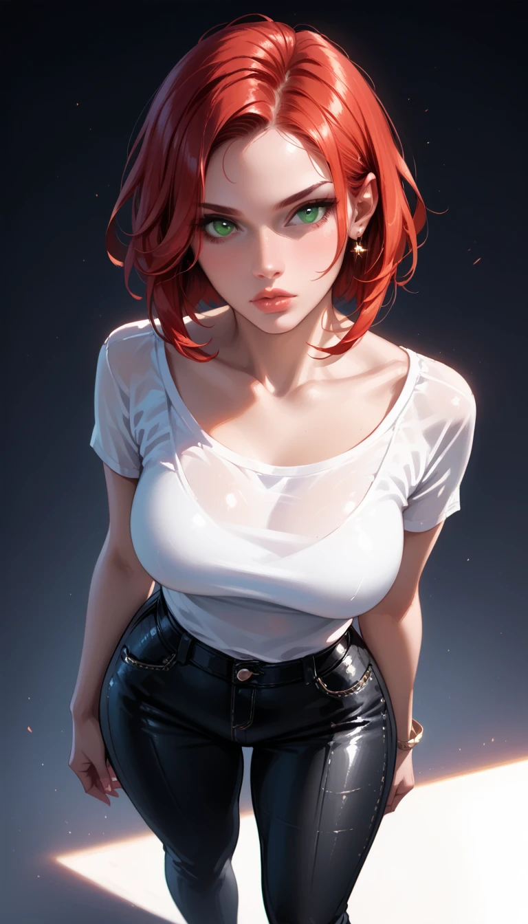 award-winning photo from waist up, portrait of a girl, redhead, freckles is sitting on a balcony, cyberpunk white shirt with V-neckline, breast visible through white T-shirt, slate atmosphere, cinematic, faded colors, dark shot, no sound colors, grainy film, insane details, intricate details, hyperdetailed, close-up, twilight, cyberpunk city background