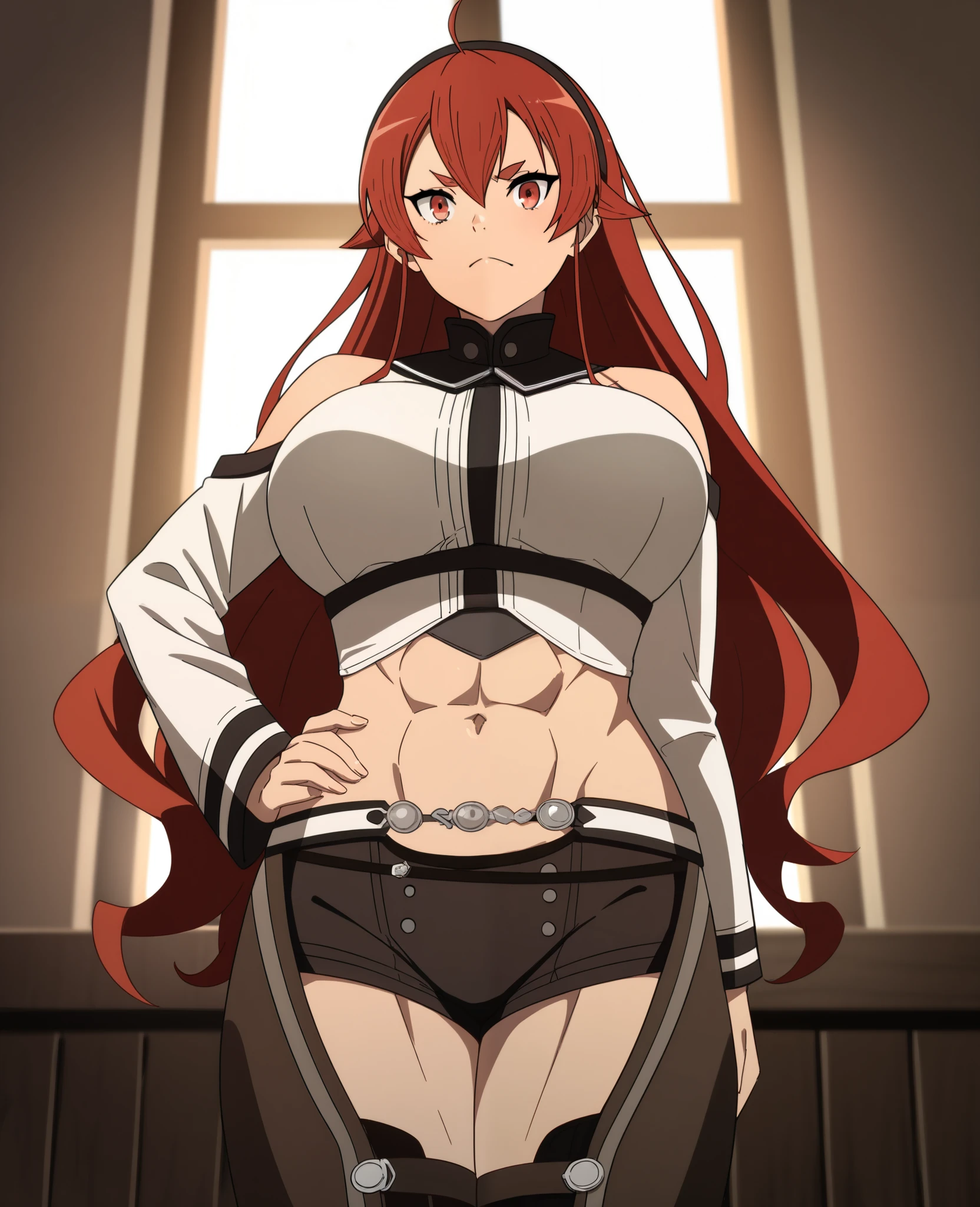 mushoku tensei style, anime coloring, 1girl, solo, long hair, red hair, open eyes, badass, hairband, indoors, black hairband, Eris Greyrat,sysdeep_eris,best quality, highres, absurdres, masterpiece, Adult_Eris, 1girl, mature woman , tall girl,red_hair, solo, long_hair, breasts, a huge_breasts, red_eyes, brown_chaps, brown_shorts, navel, hairband, brown_coat_white_fur, midriff, hand_on_hip, inner_thighs, badass, smile, abs , animescanthick eyebrows, bare shoulders, bangs, closed mouth, window, hair between eyes, frown, ((masterpiece)) abs