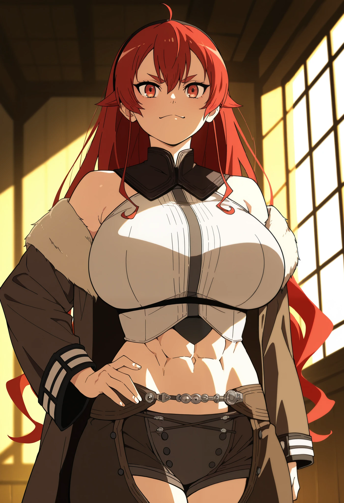 mushoku tensei style, anime coloring, 1girl, solo, long hair, red hair, open eyes, badass, hairband, indoors, black hairband, Eris Greyrat,sysdeep_eris,best quality, highres, absurdres, masterpiece, Adult_Eris, 1girl, mature woman , tall girl,red_hair, solo, long_hair, breasts, a huge_breasts, red_eyes, brown_chaps, brown_shorts, navel, hairband, brown_coat_white_fur, midriff, hand_on_hip, inner_thighs, badass, smile, abs , animescanthick eyebrows, bare shoulders, bangs, closed mouth, window, hair between eyes, frown, ((masterpiece)) abs