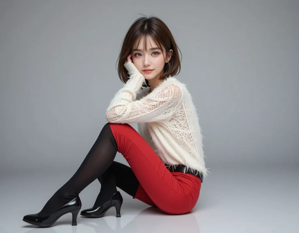 Highly detailed images、raw photo、Highly detailed skin、Realistic texture、Cross-legged drinking coffee、Japanese beauty、First year of high school、Beautiful feet、Black Pantyhose、Beautiful feet、Stylish cafe、Looking straight ahead、Winter outfit、Red mini skirt、White sweater、Beautiful face