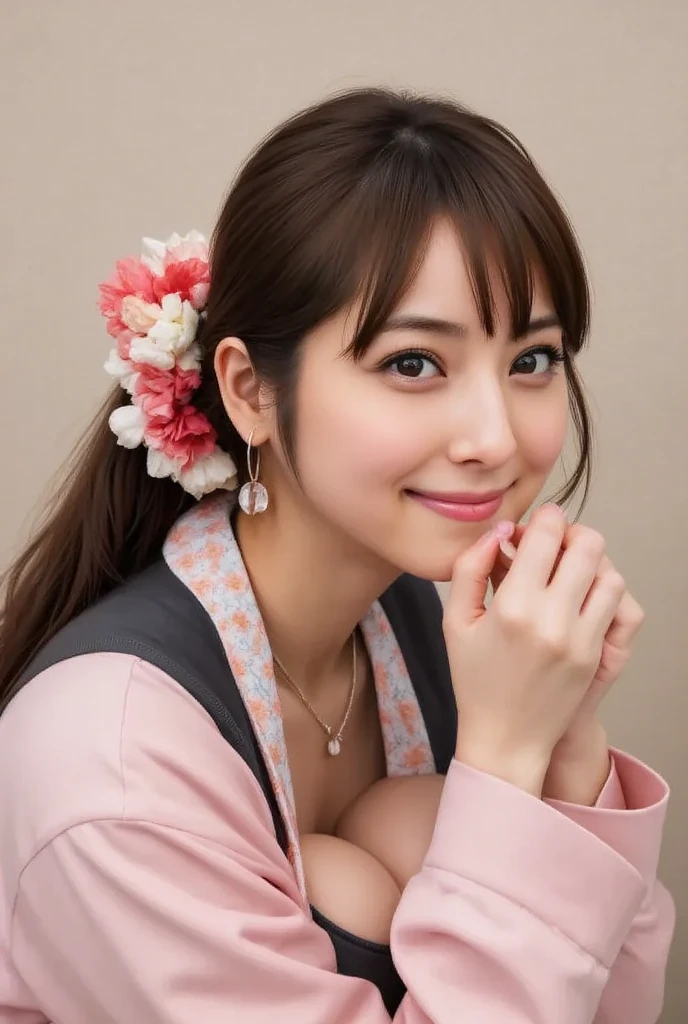 (最high quality, masterpiece: 1.2), 18 year old girl, Yukata figure, Festive Dating, Morning light, realistic face, perfect body, excellent anatomy, perfect face, curly hair, (((brown hair)), photorealism, Super detailed, high quality, photo pose, bangs, single hair bun hair, smile, alone
