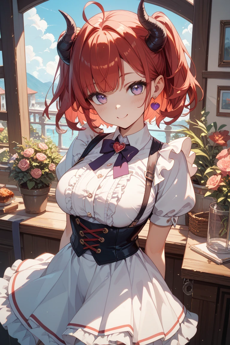 best quality, masterpiece, highres, solo, {ark_royal_kantaicollection:1.15}, red_hair, short_hair, bob_cut, bangs, blue_eyes, hairband, tiara, blunt_bangs, breasts, ribbon, flower, rose, red_flower, red_ribbon, 1girl, clothing_cutout, long_sleeves, looking_at_viewer, red_rose, upper_body, white_background, cleavage_cutout, one-hour_drawing_challenge, simple_background, small_breasts, corset, smile, twitter_username