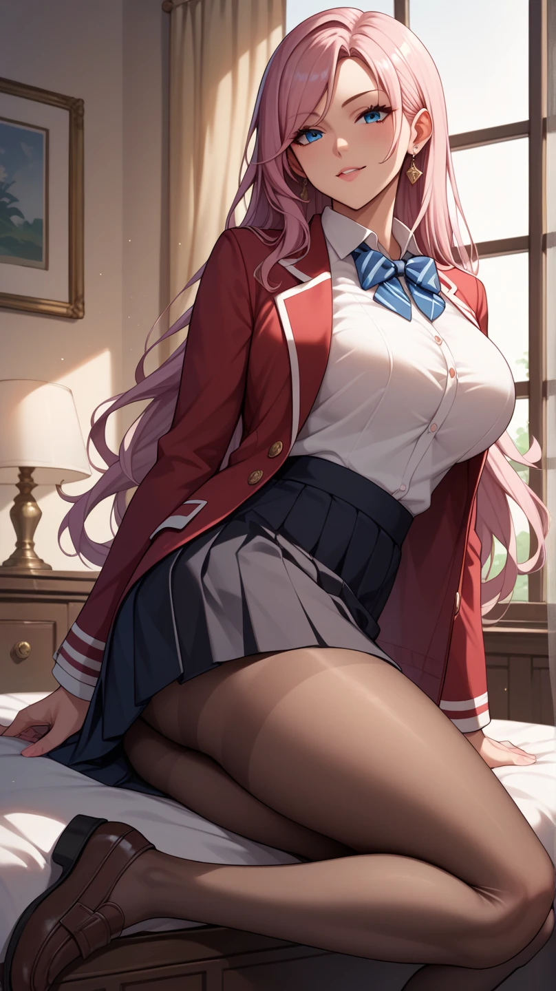 One girl,Leather Fang,Wicked Smile,Open your mouth,Half-closed eyes,blush,Heart-shaped pupils,Pink Hair,blue eyes,Sailor suit,Long Hair,Black socks,Mary Jane Shoes,Five Fingers,From below,Focus on the feet,Spread your legs,White panties,In the classroom,Sitting