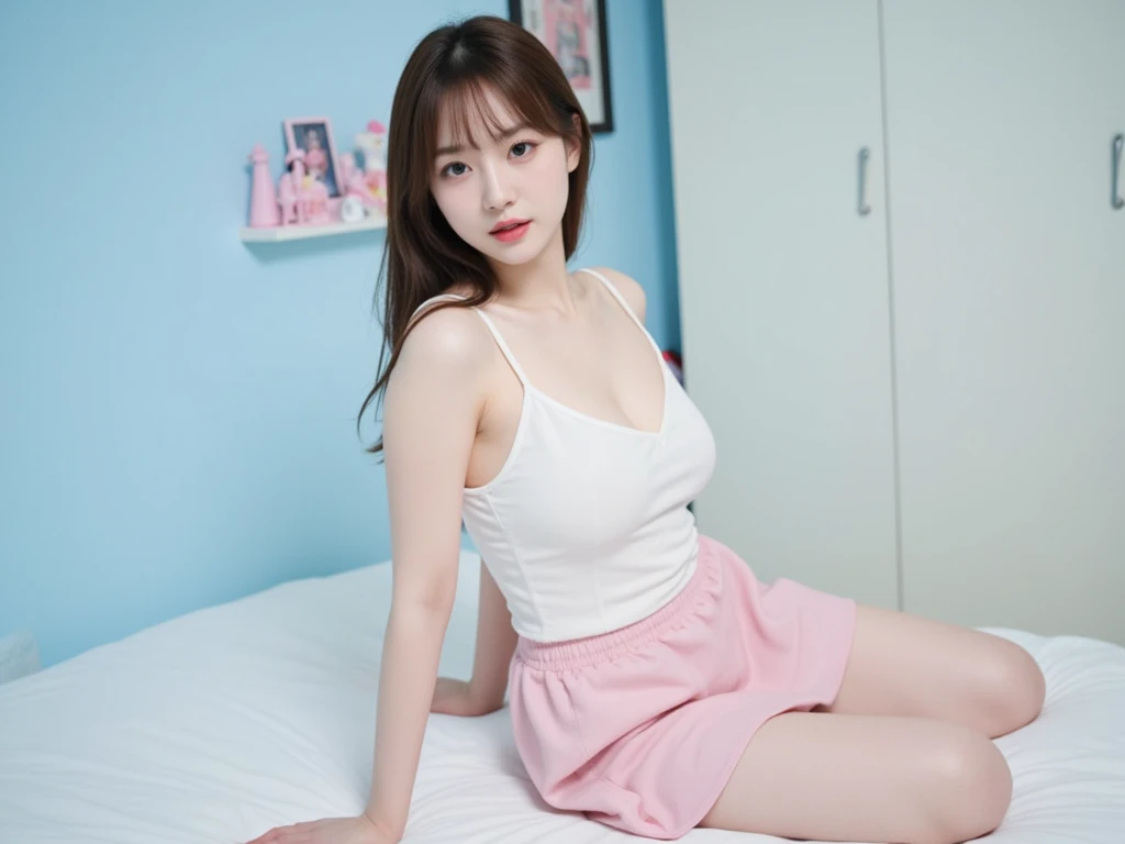 ((top-quality、masutepiece、8K、Top image quality))、(1 photo:1.5)、Highly saturated、Vivid、Very bright、1 schoolgirl、(Cute loungewear:1.2)、(Take a photo of the upper body of a woman standing in a room:1.5)、(Upper body photo:1.5)、The happiest smile、View me、waved hair、The background is a cute girl'room with at、(A detailed reproduction of a cute girl'A room based on pink and white.:1.5)、(Rooms with a sense of openness:1.3)、clean and comfortable、stylish curtains、Fur carpet、1 houseplant、Cute bed、1 cute stuffed animal、A clean desk and one office chair、lipsticks、Emphasize body lines、large full breasts、(accurate anatomy:1.3)、(perfect hair:1.2)