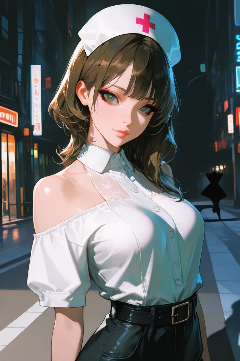 (Masterpiece, highest quality, high resolution, real: 1.3), (arms crossed in front), (sideways), (bright colors, bright colors, diffused lighting: 1.1), Tsuki Shima, mature woman, office lady, formal, Suit, skirt suit, jacket, collared shirt unbuttoned, (cowboy shot: 1.2), black pantyhose, pencil skirt, short hair, brown eyes, big breasts, cleavage, looking at viewer, perfect body, perfection eyes, anime eyes, eyeshadow, perfect face, blush, moe, night park, sunset, bright background, Japanese park background, park lantern, professional artwork, intricate details, super detailed hair , super detailed face,