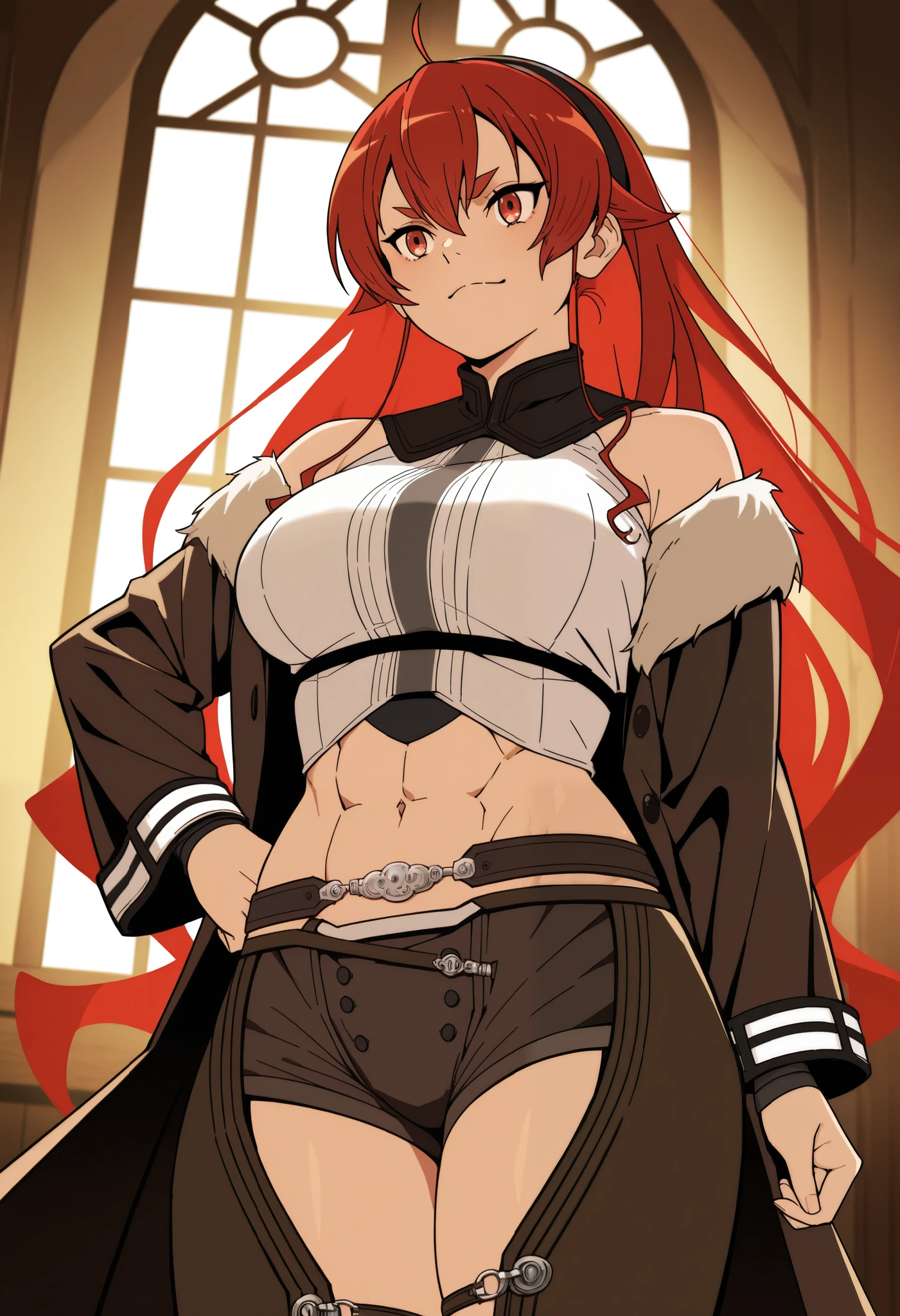 mushoku tensei style, anime coloring, 1girl, solo, long hair, red hair, open eyes, badass, hairband, indoors, black hairband, Eris Greyrat,sysdeep_eris,best quality, highres, absurdres, masterpiece, Adult_Eris, 1girl, mature woman , tall girl,red_hair, solo, long_hair, breasts, a large_breasts, red_eyes, brown_chaps, brown_shorts, navel, hairband, brown_coat_white_fur, midriff, hand_on_hip, inner_thighs, badass, smile, abs , animescanthick eyebrows, bare shoulders, bangs, closed mouth, window, hair between eyes, frown, ((masterpiece)) abs