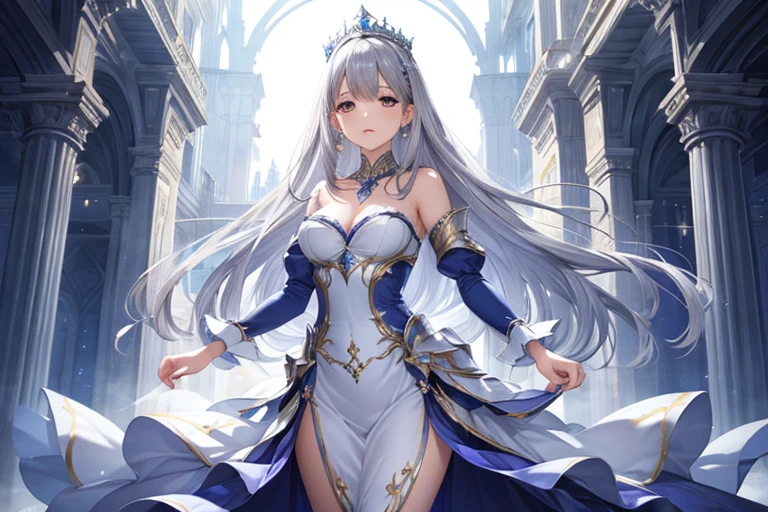 (watercolor: 1.2), maga, bangs, gray hair, long hair, gray eyes, hair between eyes, blurred background, high resolution, large breasts, full body, fantasy, medieval --auto --s2