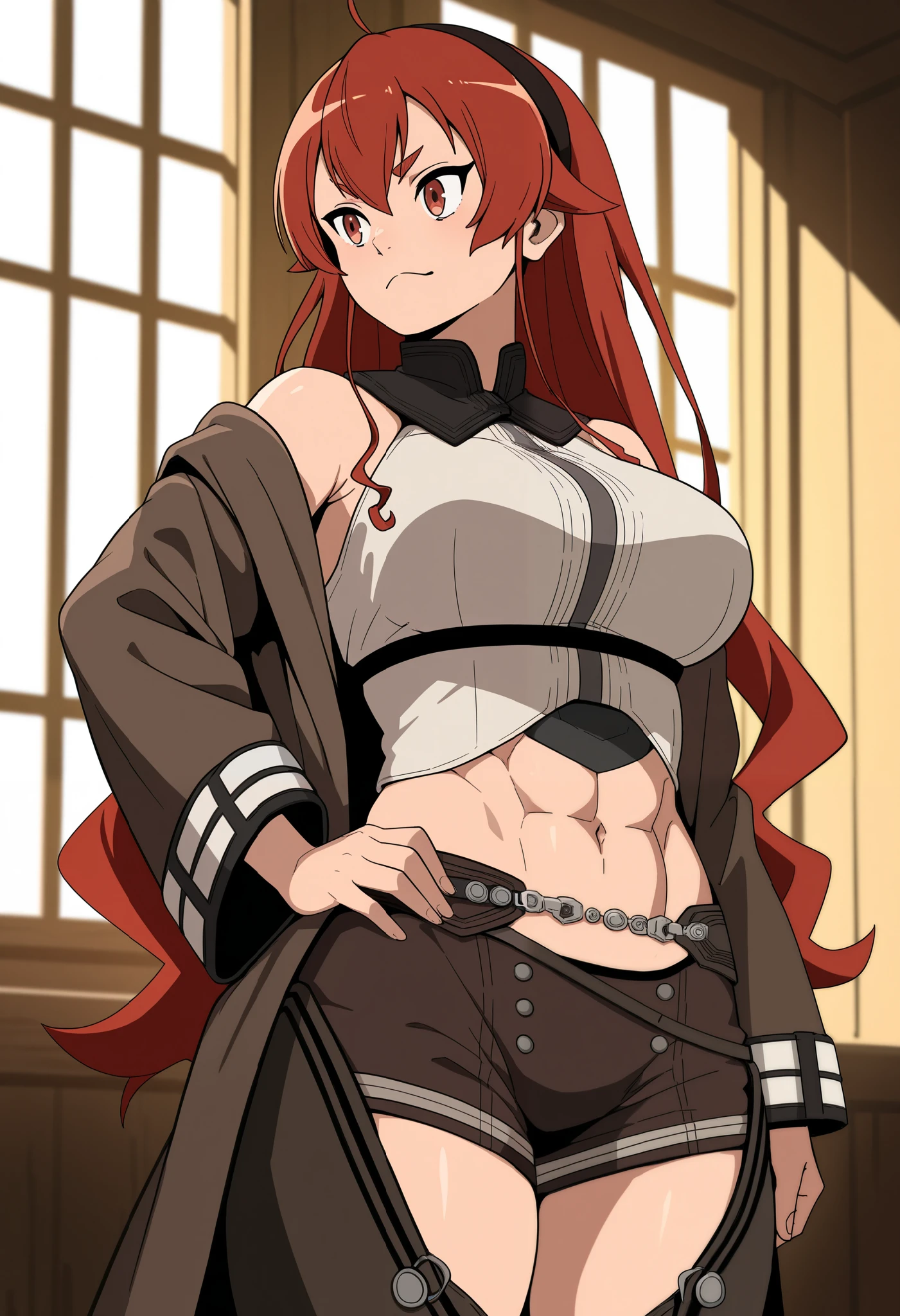 mushoku tensei style, anime coloring, 1girl, solo, long hair, red hair, open eyes, badass, hairband, indoors, black hairband, Eris Greyrat,sysdeep_eris,best quality, highres, absurdres, masterpiece, Adult_Eris, 1girl, mature woman , tall girl,red_hair, solo, long_hair, breasts, a large_breasts, red_eyes, brown_chaps, brown_shorts, navel, hairband, brown_coat_white_fur, midriff, hand_on_hip, inner_thighs, badass, smile, abs , animescanthick eyebrows, bare shoulders, bangs, closed mouth, window, hair between eyes, frown, ((masterpiece)) abs