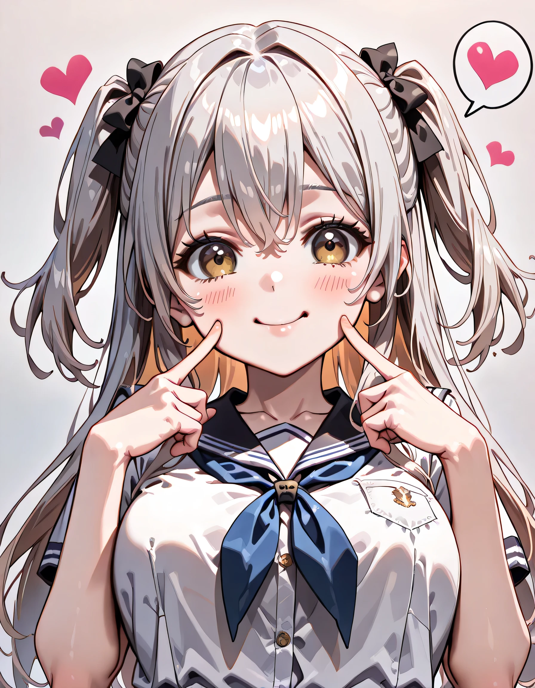 ((ultra-detailed)), (highly detailed CG illustration), (best quality:1.2), ultra-highly detailed, colorful composition, artistic photoshoot, 1girl, solo focus, ((upper body:1.4)), moe anime character, girl, dainty facial structure, (bab(round face), ((rounded chin:1.2)), celia-default, celia claire, (blue eyes), ((silver hair color)), ((two side up hair)), ample breasts, school uniform, sailor suit, traditional Japanese style with navy blue and white colors, :q, licking lips, one eye closed, ((smile:1.4)), ((happy:1.4)), ((joyful:1.4)), ((blush:1.4)), ((looking viewer)), ((spoken Heart:1.4)), ((pink heart background)), from front, best quality, masterpiece, expecting, pink cheek, blush, light pink gloss slip, portrait, depth of field, soft lighting, sidelighting, (shine), lighting, caustics, ray tracing, smile, perfect face, lustrous skin, highly detailed face, highly detailed eyes, perfect face, perfect nose, perfect hair, perfect eyes, perfect anatomy, beautiful hair, beautiful small face, extremely detailed face, beautiful detailed eyes, beautiful clavicle, beautiful body, beautiful ample breasts, leavage, breasts squeezed together, equalize the size of the left and right breasts, beautiful thin thighs, beautiful legs, beautiful fingers, 4 fingers, 1 thumb, lovely, (very detailed background:1.0), (highly detailed background:1.0), spring aesthetic, intricate details, joyful atmosphere, spring colors palette, chromatic aberration