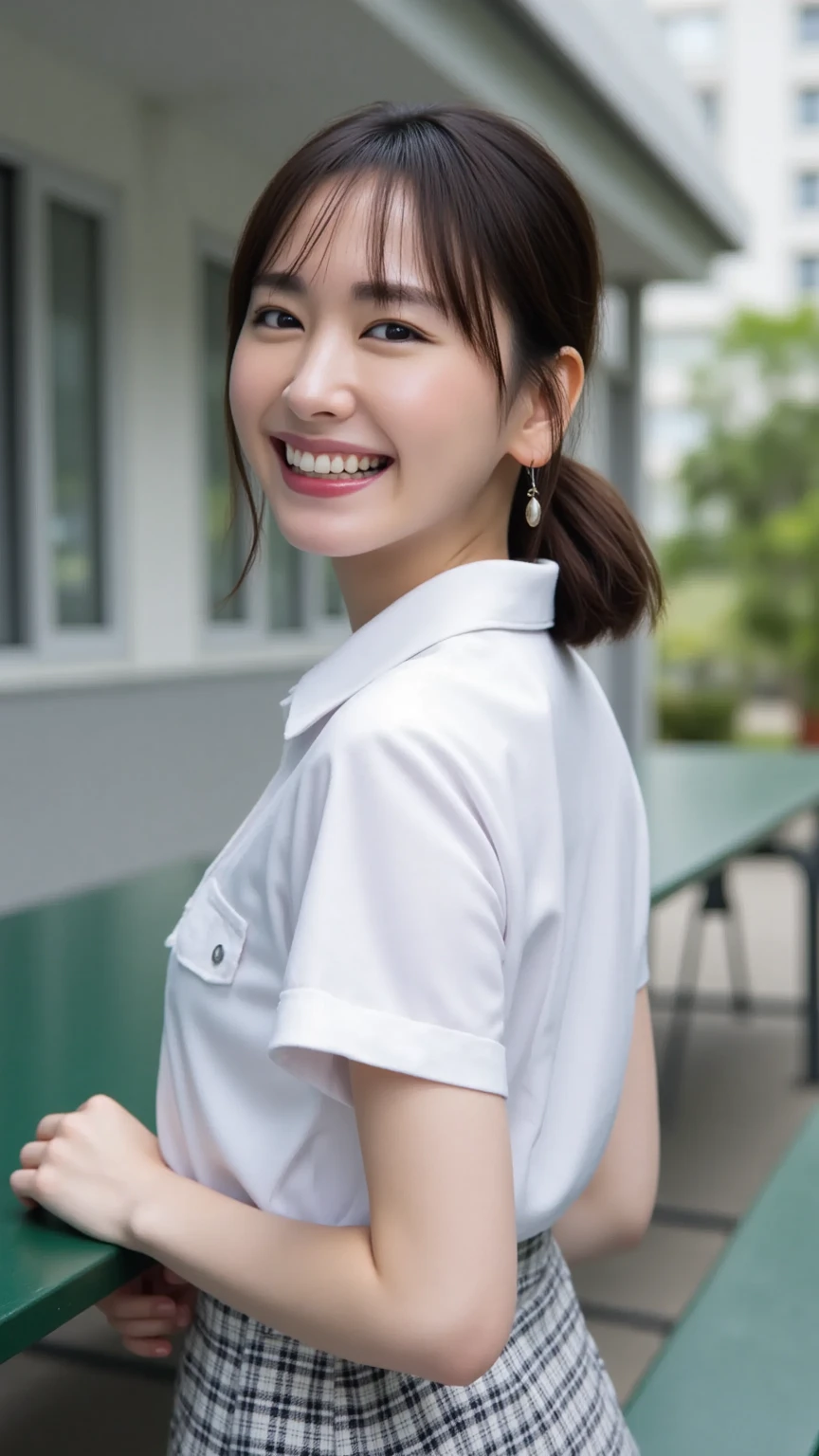 (masterpiece、high-level image quality、sharp focus)、Wearing a white shirt with short sleeves、two shirt button is missing, A Japanese Lady、25 age、(perfect anatomia、Precise and beautiful limbs), simple girl with little smile, wind blows hair, side ponytail, big