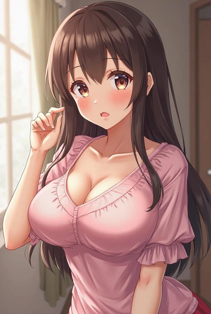 an asian women sitting on a couch wearing a yellow sweater and large chest, 1girl, breasts, underwear, solo, sweater, bra, large breasts, cover, brown hair, clothes lift, cleavage