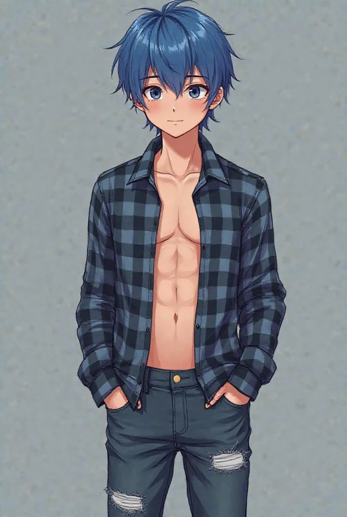 Boy ,Shirtless boy ,half shorts,legs showing, white skin tone ,blue hairs