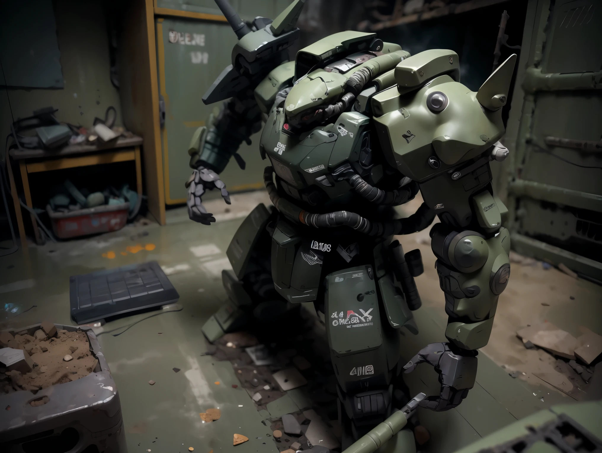 cinematic lighting, realistic textures, post-apocalyptic atmosphere, 4K, high detail, A heavily damaged humanoid war robot, abandoned on the battlefield. Its body is painted in sand colors but is scarred with bullet holes, scratches, and chipped paint, showing signs of intense combat. Smoke rises from the remains of gunfire, and dust swirls around, creating an atmosphere of destruction. The ground is covered in debris, with remnants of a fierce battle between giant robots