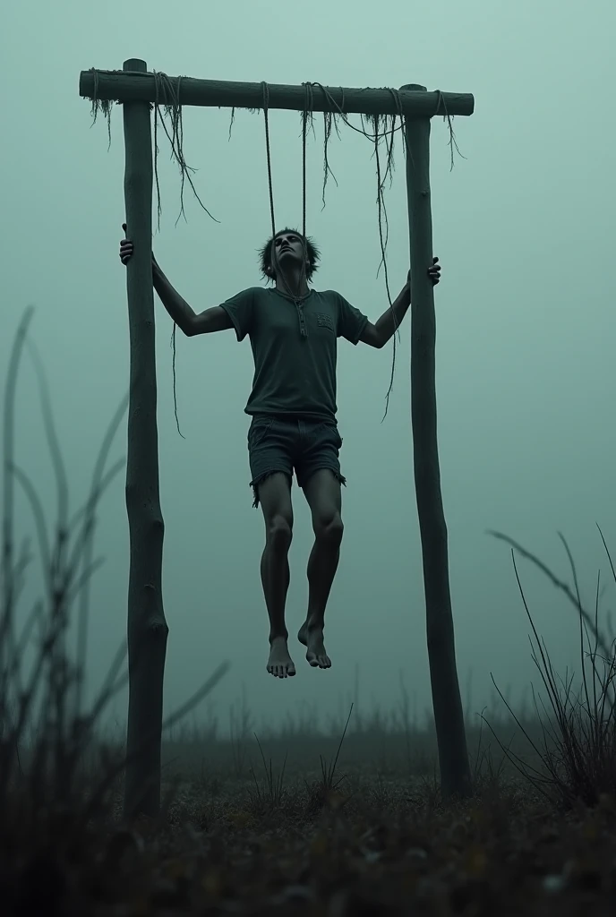 A person on his back, holding tightly to a slowly falling rope, symbolizing attachment to something that is falling apart