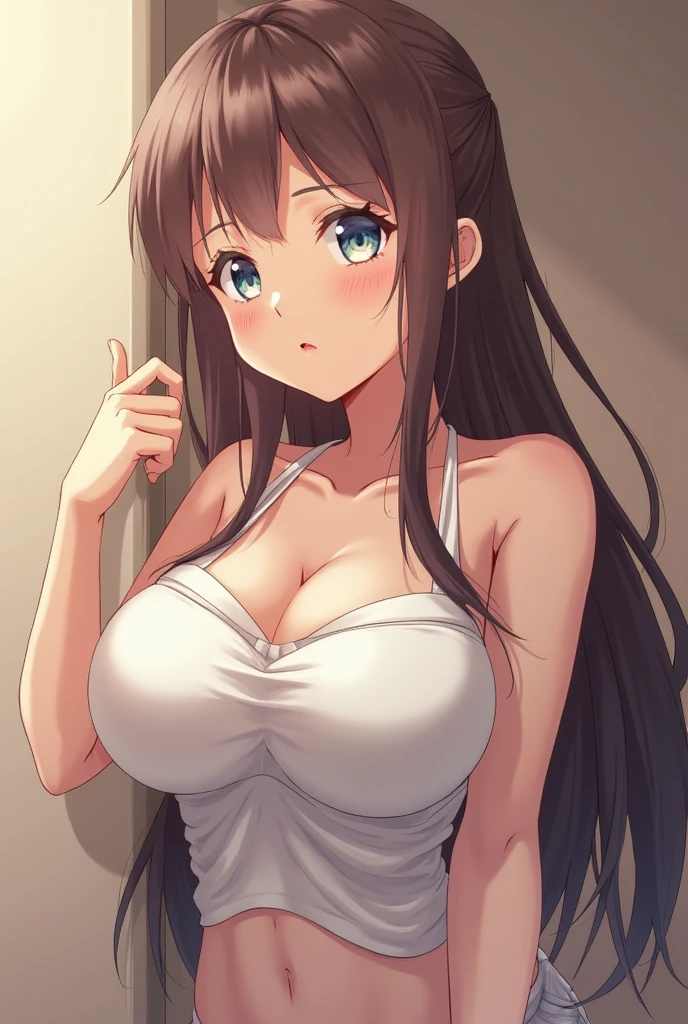 (upper body:1.4),(masterpiece),Bright room,Bedroom,(Daytime), (White camisole:1.3),Portraiture, Realistic, Brown eyes, Black Hair,Long Straight Hair, Large Breasts,(18-year-old),8k resolution,(smile:1.2),High quality CG, Beautiful CG, (White camisole:1.3),Soft Light, (Aesthetic Anime Eyes),