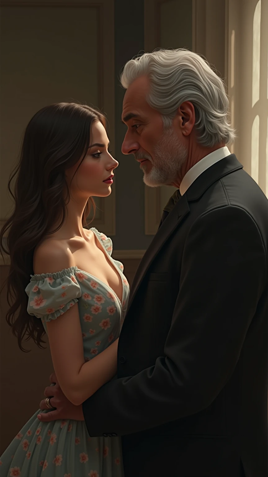 A man hugs a woman from behind, (The woman returns to the man)+, Caucasian, 35-year-old male, Beautiful man in a suite, Tall and muscular man, Thin woman, Woman in blouse and skirt, Brunette woman, Wide windows, Night City, (Depressed man)+++, (Sad woman)+++, so beautiful, highest quality, Skin Texture, 8k, Hard Shadows, perfectionionism, RAW Photos, masterpiece, Realistic, highest quality, Intricate details, 8k, Hard Shadows, Volumetric lighting, Sharp focus, Super detailed, 4K, Cinematic, Wide-angle, 3.5mm film still images, Movie stills, Ultra-high resolution, Sharp lens, Depth of written boundary, Absurd, Diamond Dust Bokeh, Natural wonders, amazing, perfection, elegant, Expressive, Looks good and makes a good impression, Horidos Reed 