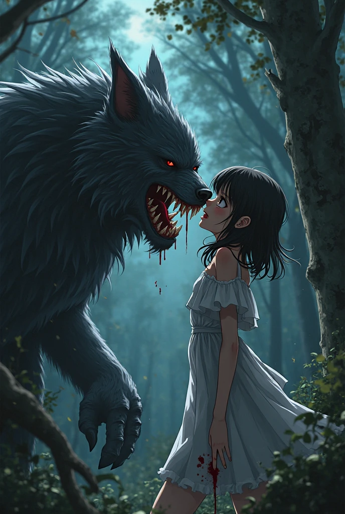 Werewolf holding a anime Girl in white sundress while Biting her neck