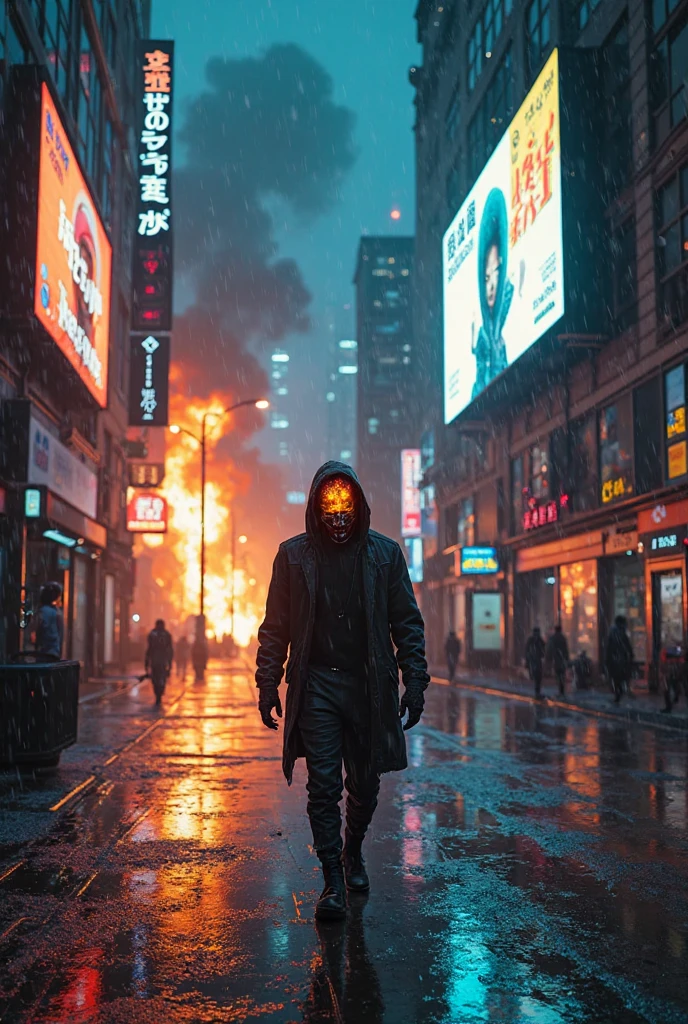 cyberpunk man, gas mask, neon light glasses, dystopian future, dark city, cybernetic implants, glowing neon signs, rainy urban environment, moody lighting, dramatic shadows, chrome metal, gritty industrial textures, advanced technology, hyper-detailed, photorealistic, cinematic, (best quality,4k,8k,highres,masterpiece:1.2),ultra-detailed,(realistic,photorealistic,photo-realistic:1.37)
