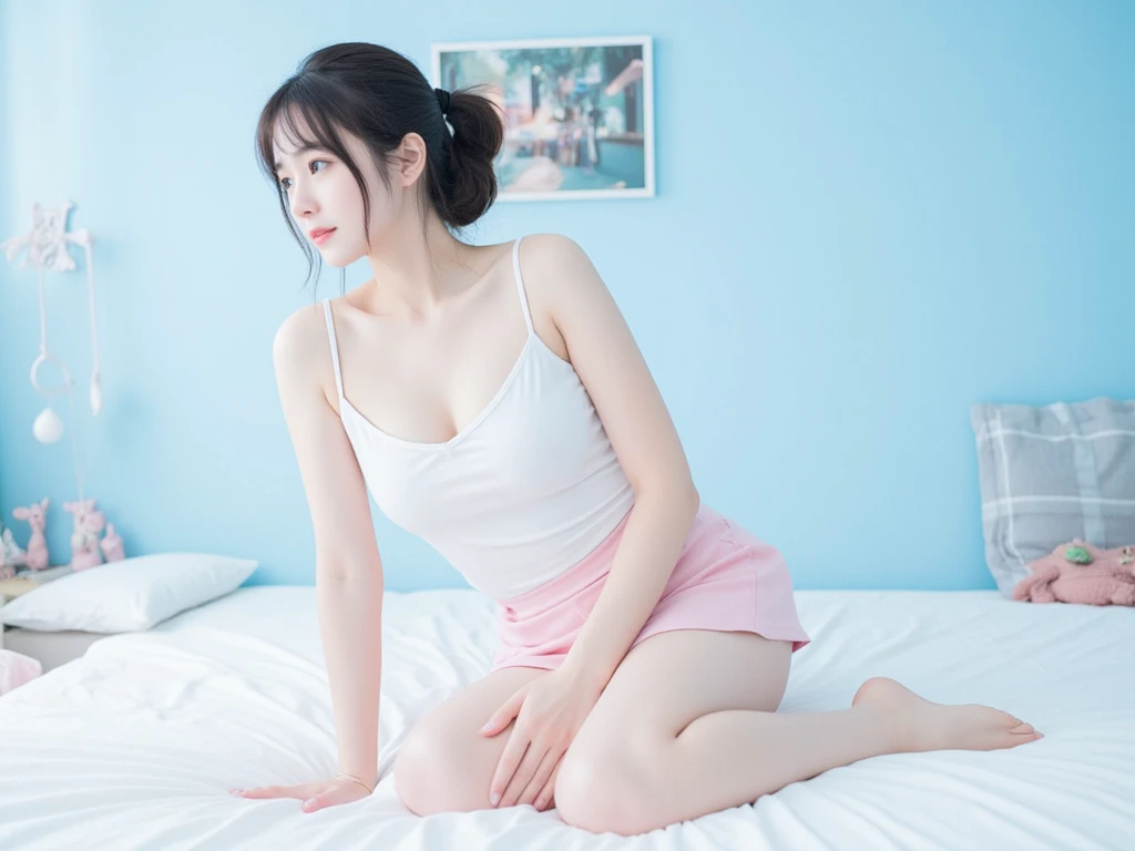 Best quality, Masterpiece, 超高分辨率, RAW photo, (Photorealistic:1.4), 1girll, Detailed face, Cowboy shot, In (White shirt with blue collar, Blue sport shorts),Large breasts,Unbuttoned clothes,cleavage,(Narrow waist:1.2), Long hair, In the library, Bokeh, Beautiful lighting, model posing,Smile，