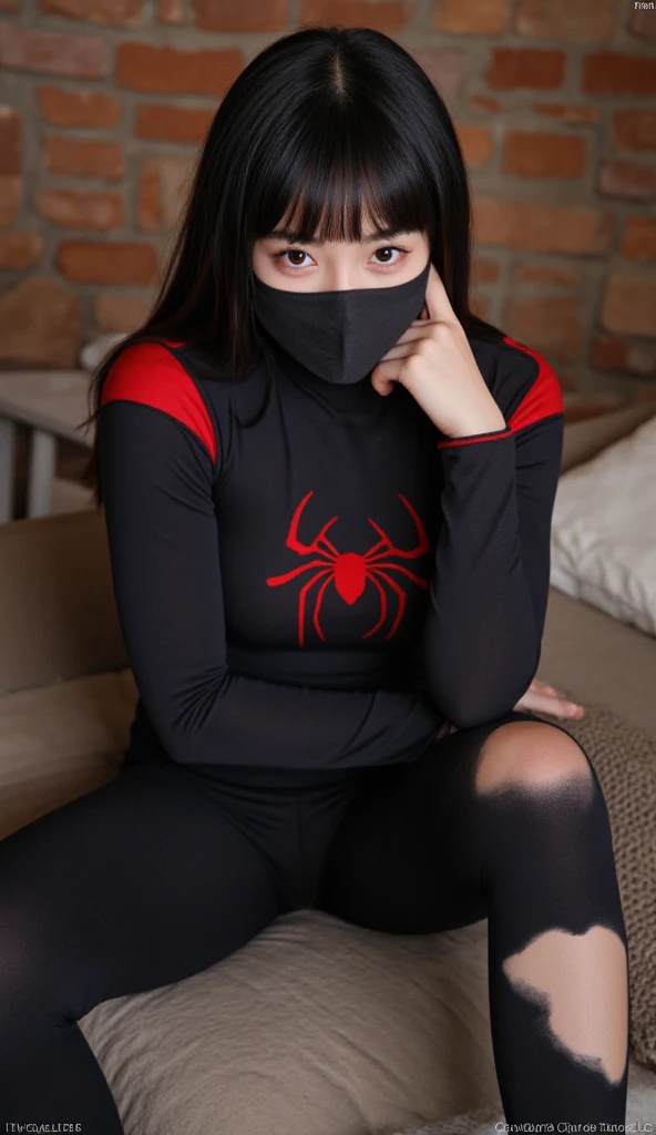 Japanese,(realisitic, Hi-Res: 1.4), 1 girl, (Natural light), (more face, more hair, More skin), (Middle chest), slender,mid-waist,(childish black leotard:1.2),(Evil pattern:1.3),(red eyeshadow:1.3),(pantyhose:1.3),(childish mask:1.2)