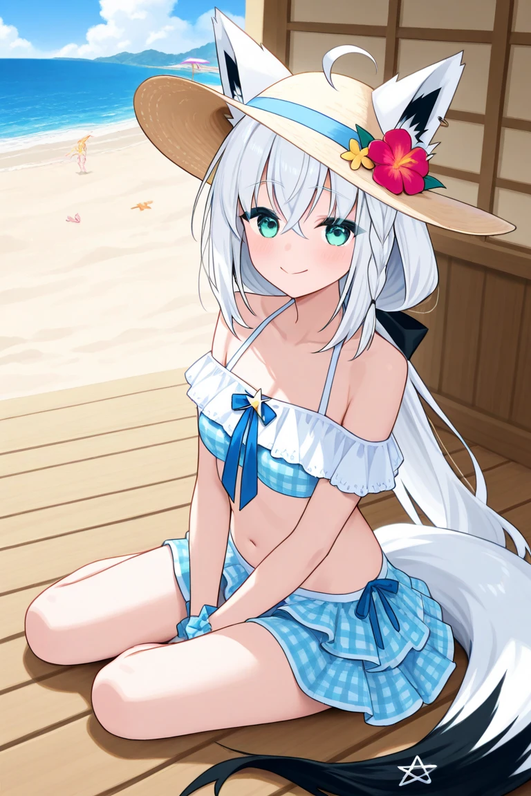 (Masterpiece), (High quality anime illustration), (Super definition), A girl, Alone, Beautiful silver hair girl, anime change, cat ear , , emphasis on the thigh, Striped bikini, SMILE, buttocks, buttocks Up, Back, South Island Sea, water, Tarot Card Wind
