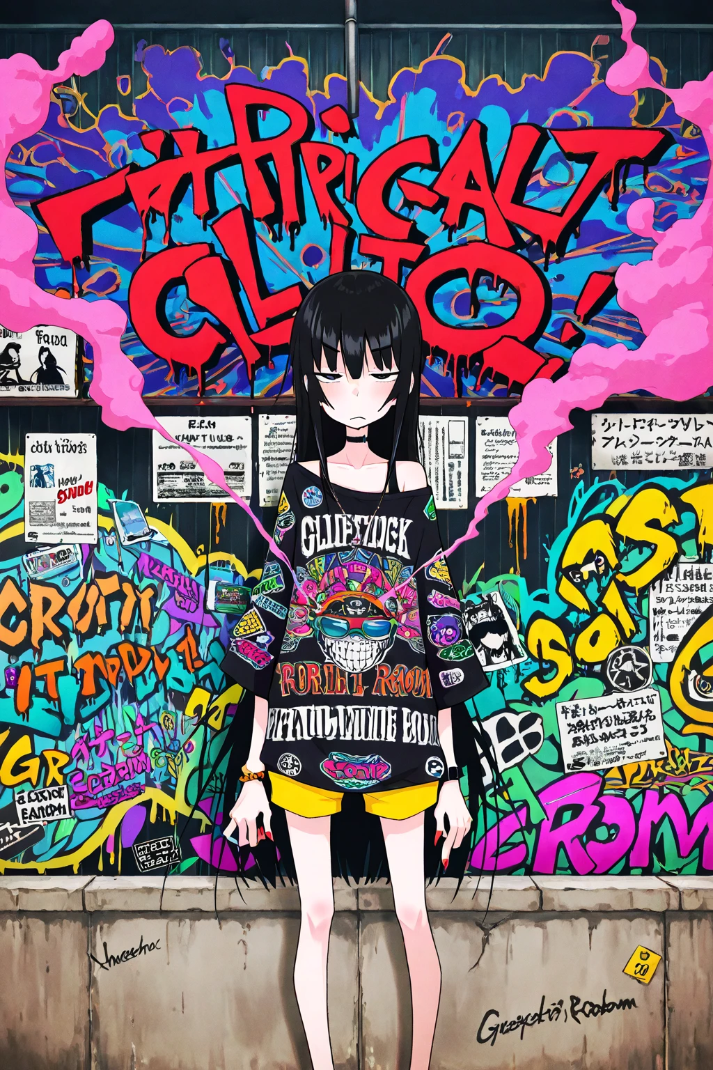 1girl, maekawa miku, idolmaster, tegaki, solo, brown bob_cut, Green_eyes, (punk_fashion:1.2), full body