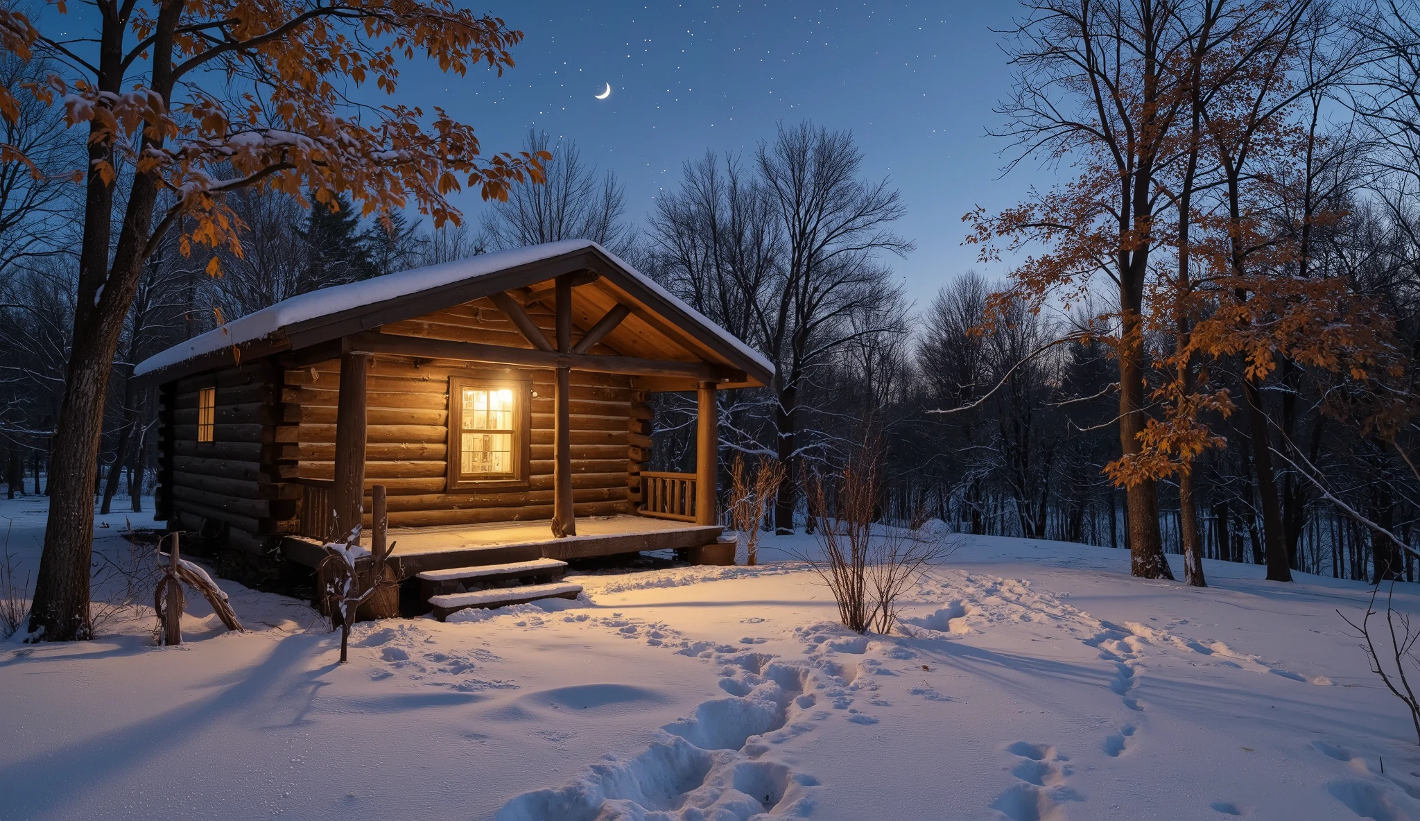 Under a canopy of stars and a crescent moon, a rustic log cabin stands peacefully in a snow-dusted autumn forest. The trees, though bare in many places, still cling to patches of golden and brown leaves, creating a subtle contrast against the white snow. A single window in the cabin emits a warm, inviting yellow light, and a soft glow spills onto the snowy porch. Footprints lead from the edge of the forest to the cabin door, hinting at a solitary presence within. The air feels crisp and still, with the only sound being the gentle rustling of remaining leaves in the breeze.
