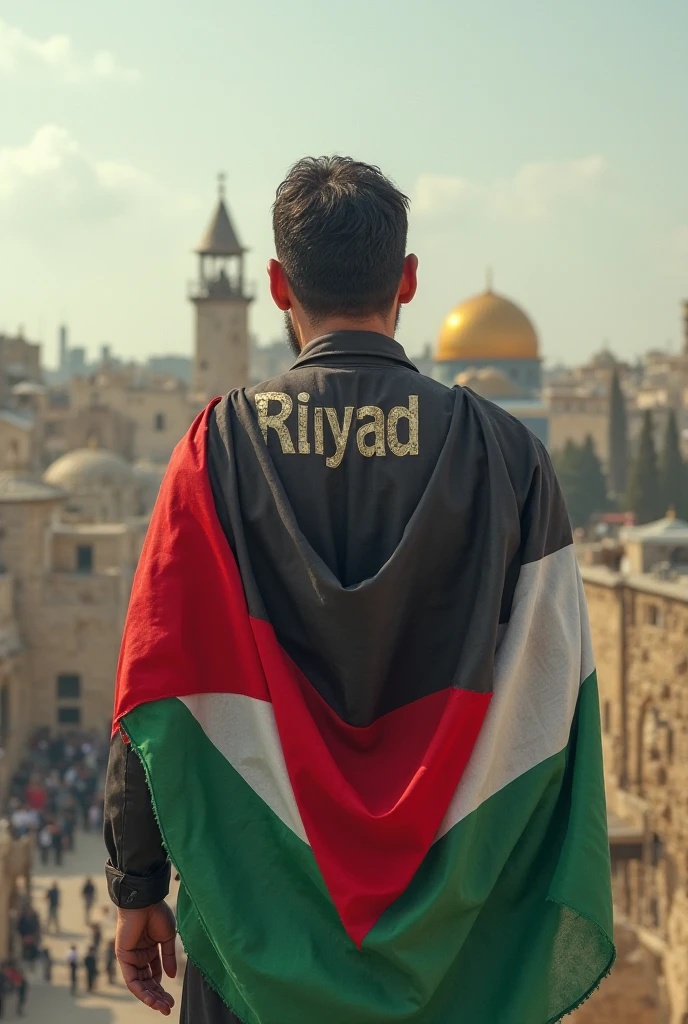 there are palasteen you flags in front A handsome 20 year old boy is standing from front Aqsa،And in his hand is the flag of palasteen،and is wearing a red and green t-shirt with Name FARHAN written on the back,and two big palasteen flags in front of him , art painting realistic photo