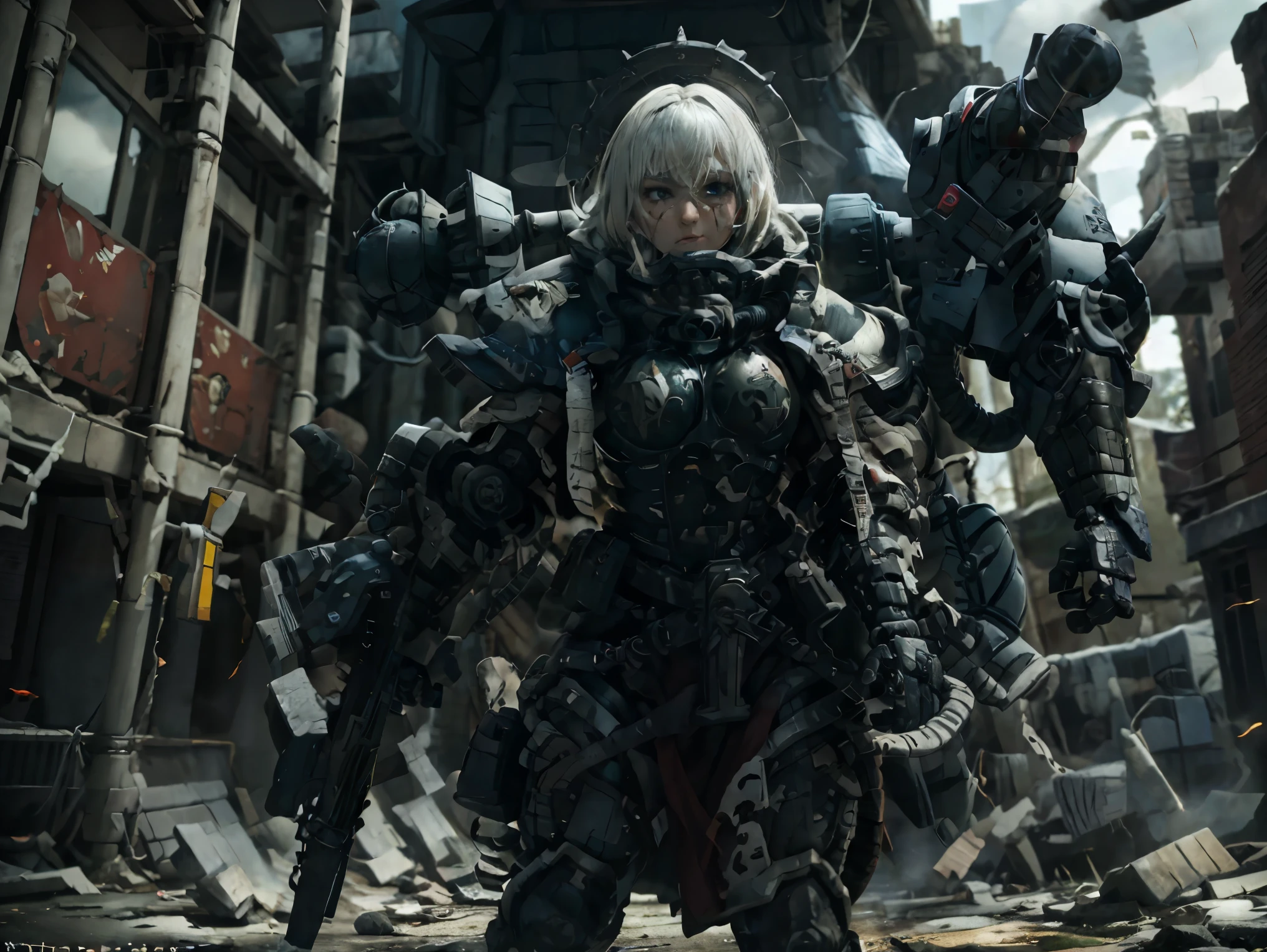 cinematic lighting, realistic textures, post-apocalyptic atmosphere, 4K, high detail, A heavily damaged humanoid war robot, abandoned on the battlefield. Its body is painted in sand colors but is scarred with bullet holes, scratches, and chipped paint, showing signs of intense combat. Smoke rises from the remains of gunfire, and dust swirls around, creating an atmosphere of destruction. The ground is covered in debris, with remnants of a fierce battle between giant robots
