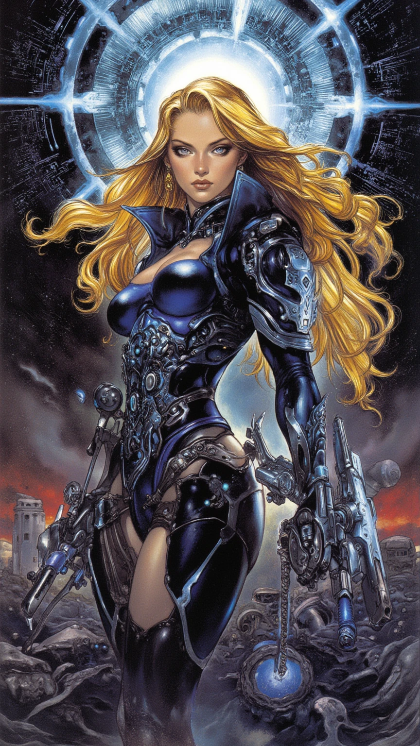 (1girl), solo, Lorna, blond hair, big hair, long hair, pink leotard, strapless, boots, large breasts, outdoors, spacecraft, rubble, debris, (nsfw), floating hair, wind, dynamic pose, fighting stance, holding gun, rifle, (dynamic colors), (random colors), magic particles, dust particles, intrincate details, looking at viewer, <lora:AzpiriV10:0.7><lora:Lorna_V02:0.8> <lora:more_details:1>