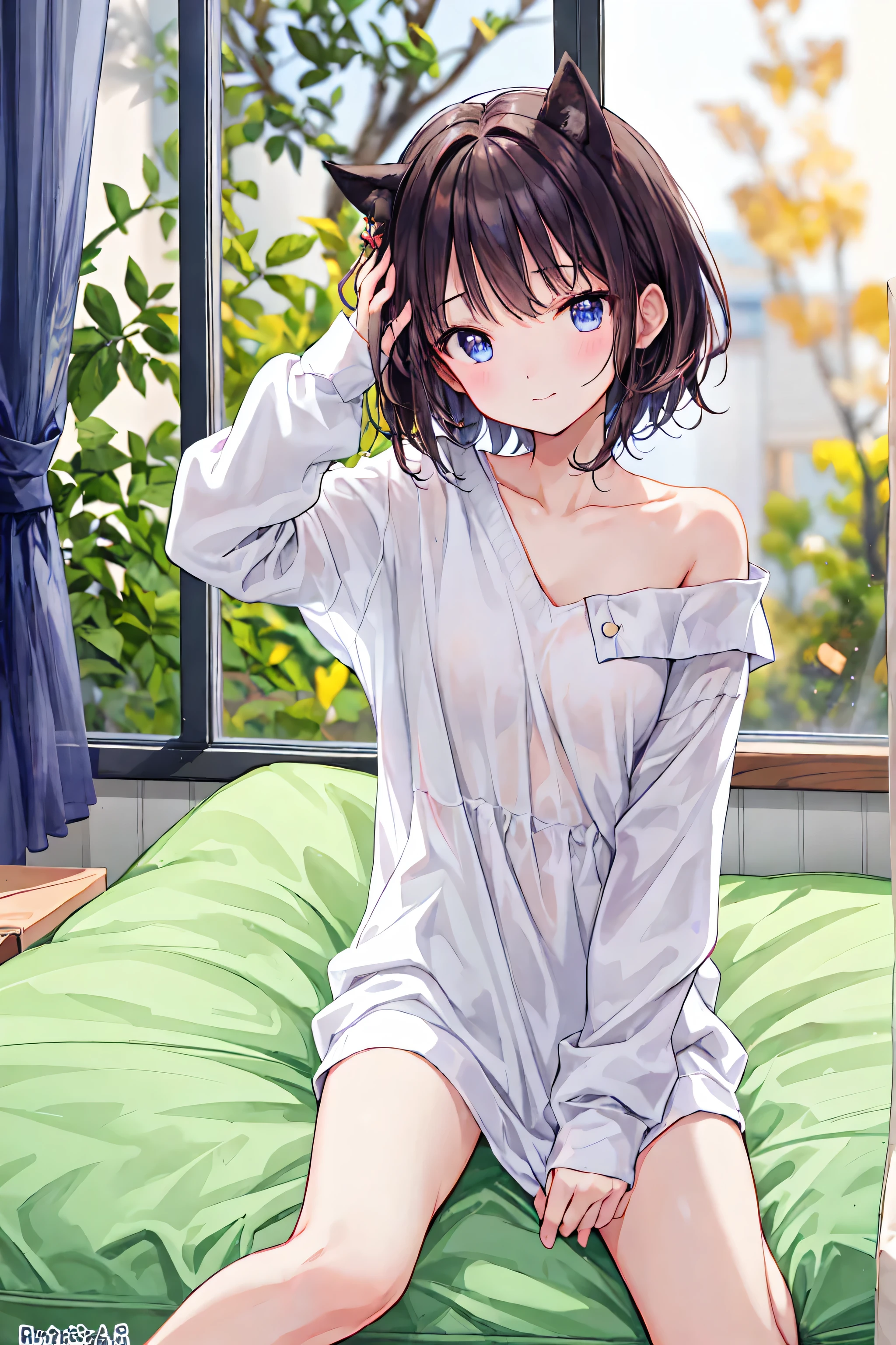 Photorealistic、Highest quality、Highest Resolution、Highest quality、８Ｋ、One beautiful woman、Bob Cut Hair、good morning、Yawn、In bed