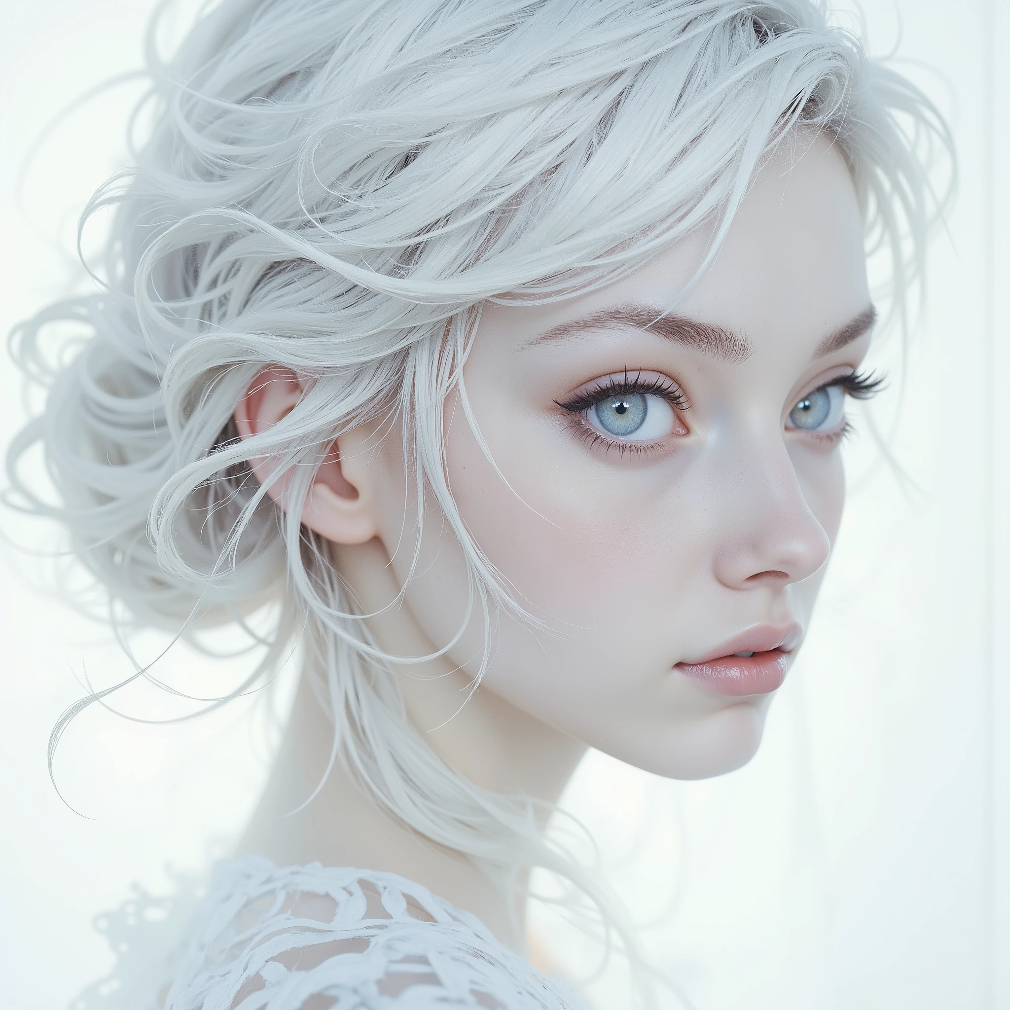 A surreal, ethereal portrait of a woman, taken in close-up, with a fascinatingly beautiful, almost angelic appearance, looking over her shoulder, her pale face seems to glow, smoothly merging with a pure white background, giving the impression that she arises from the light itself. The focus is on her very large piercing blue eyes, their crystal clarity and soft radiance, conveying a sense of unearthly wisdom and tranquility. Her long eyelashes look bold and spectacular, contrasting sharply with her porcelain skin, and attract the viewer's gaze to her irresistible gaze. She has graceful facial features with high cheekbones, a perfectly straight nose and soft, full lips that maintain a refined, neutral expression, emphasizing serenity and quiet strength. Her platinum-white hair gently flows upwards, emphasizing her divine appearance. Thin strands, light and silky, smoothly merge into a white background, creating an unreal, fabulously textured background, outlined with the thinnest lines, similar to threads, then to isobars, from different angles in tone and shade, The lighting is diffused and uniform, it erases shadows and creates a minimalistic aesthetic that fully emphasizes its striking The features seem to come from a grainy, incredibly pure and deep air, In general, the composition seems timeless, as if it reflects the essence of purity and perfection, with a soft, fabulous shade., which encourages introspection and reverence. The simplicity of the image enhances its mystery, creating a deep angelic presence that seems both familiar and otherworldly.Semi-realistic digital art, digital painting, fine detail in k64 format