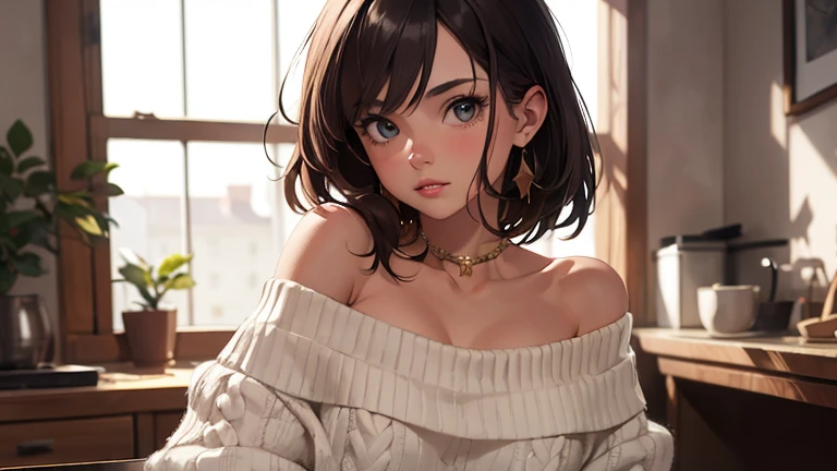 Amazing portrait of a sexy and cute woman who is your best friend's sister who is alone at her home having a late night gaming session with her brown hair in a short bob style with soft eyes and parted lips with a deep blush wearing an off shoulder oversized grey sweater sitting on a couch during night time and it's raining outside with warm lighting inside