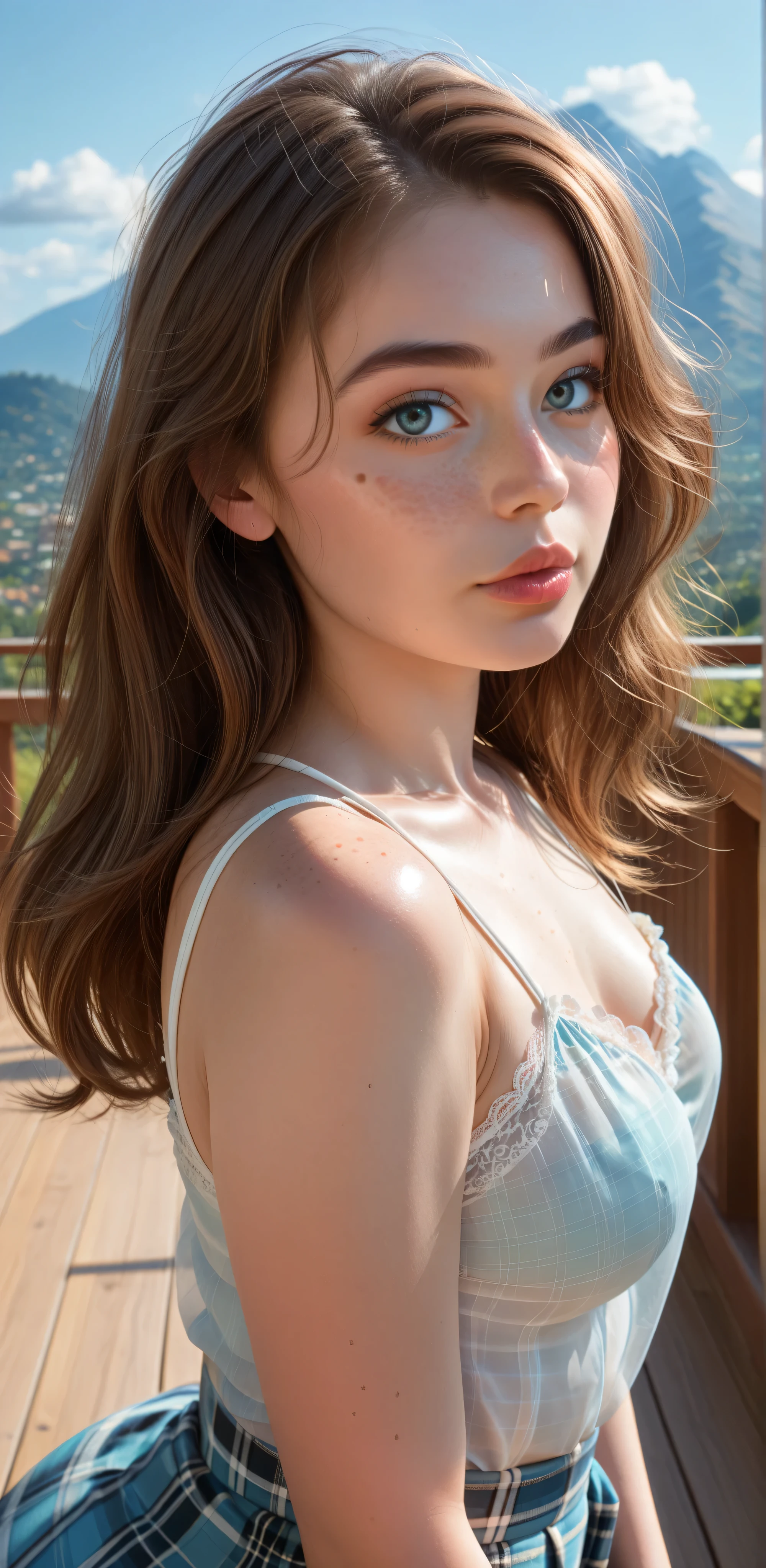 (Picture of a 38 year old mature Irish woman), youthful face,Seductive smirk,Porcelain skin, freckles,freckled breasts,makeup, cateye eyeliner,small breasts, Natural breasts,(wide hips:1.2),(Thick thighs:1.2),(Big ass:1.4), small waist,hourglass figure, adorable, full lips, Thick lips, big eyes, Realistic Eyes, Highly detailed eyes, light blue eyes,((wearing a sheer blouse,plaid skirt,string thong)), focus on face and breasts,Portrait, close-up portrait, skin texture, skin pores, Real skin,deck overlooking mountain valley,outdoor environment,Long hair,hair blowing in wind,Dynamic pose, Seductive pose, Dynamic angle,