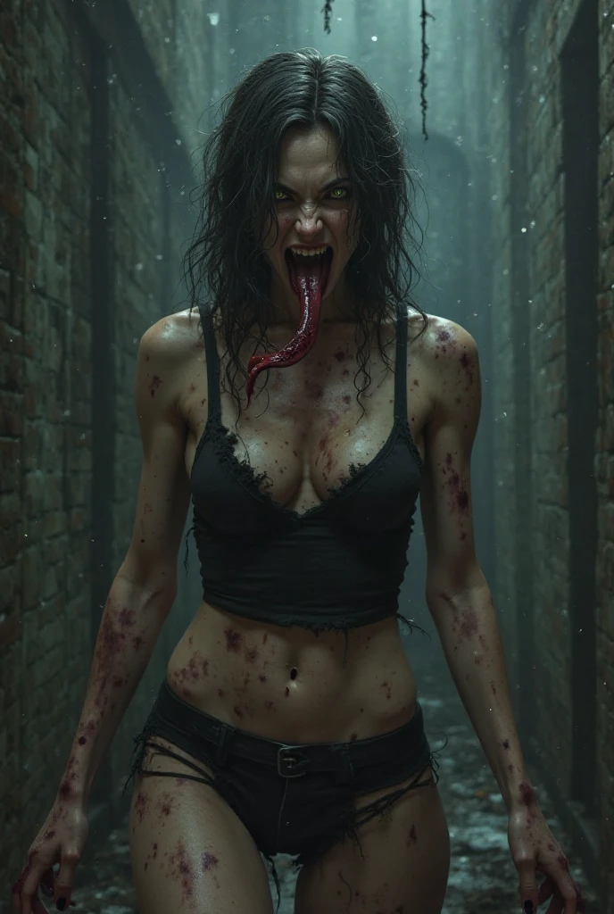masterpiece, best quality, (extremely detailed CG unity 8k wallpaper), (best quality), (best illustration), (best shadow), Night, moonlight, a zombie, whole body, in a narrow corridor, focused direct light, deep shadows, mottled walls, bloody terror, a murderous atmosphere, mutilated bodies, exposed viscera, photo level, HDR 8K, true lighting, movie stills, horror movies